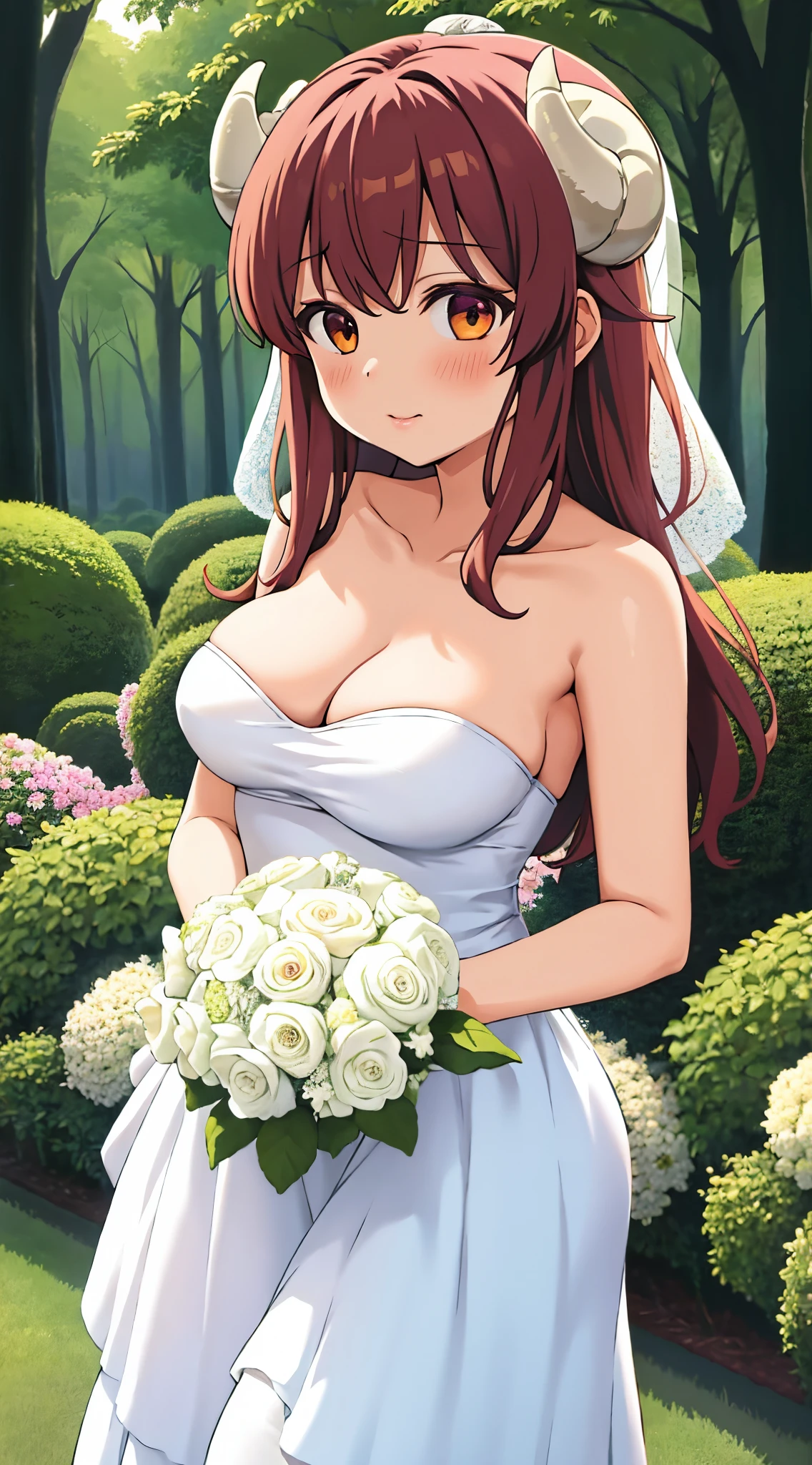 best quality, masterpiece, highly detailed, illustration, 1girl, solo, yoshida yuuko \(machikado mazoku\), horns, shamiko, (strapless white wedding dress), garden, glossy lips, makeup, lips parted, standing