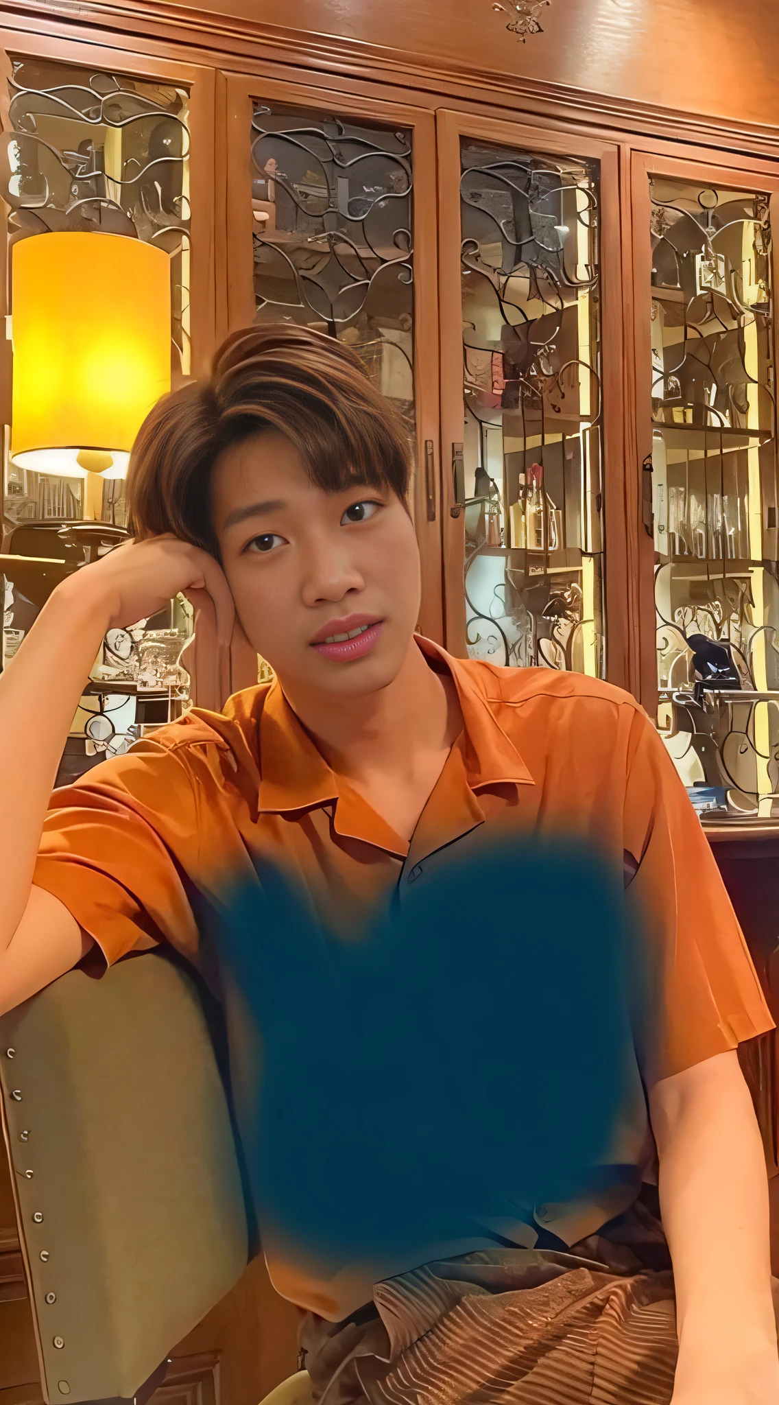 there  a man sitting in a chair with a glass cabinet behind him, inspired by Bian Shoumin, cai xukun, smooth in _ the background, inspired by Sim Sa-jeong, lofi portrait, inspired by Kun Can, inspired by Kim Jeong-hui, [ digital art ]!!, realism artstyle, inspired by Kim Myeong-guk