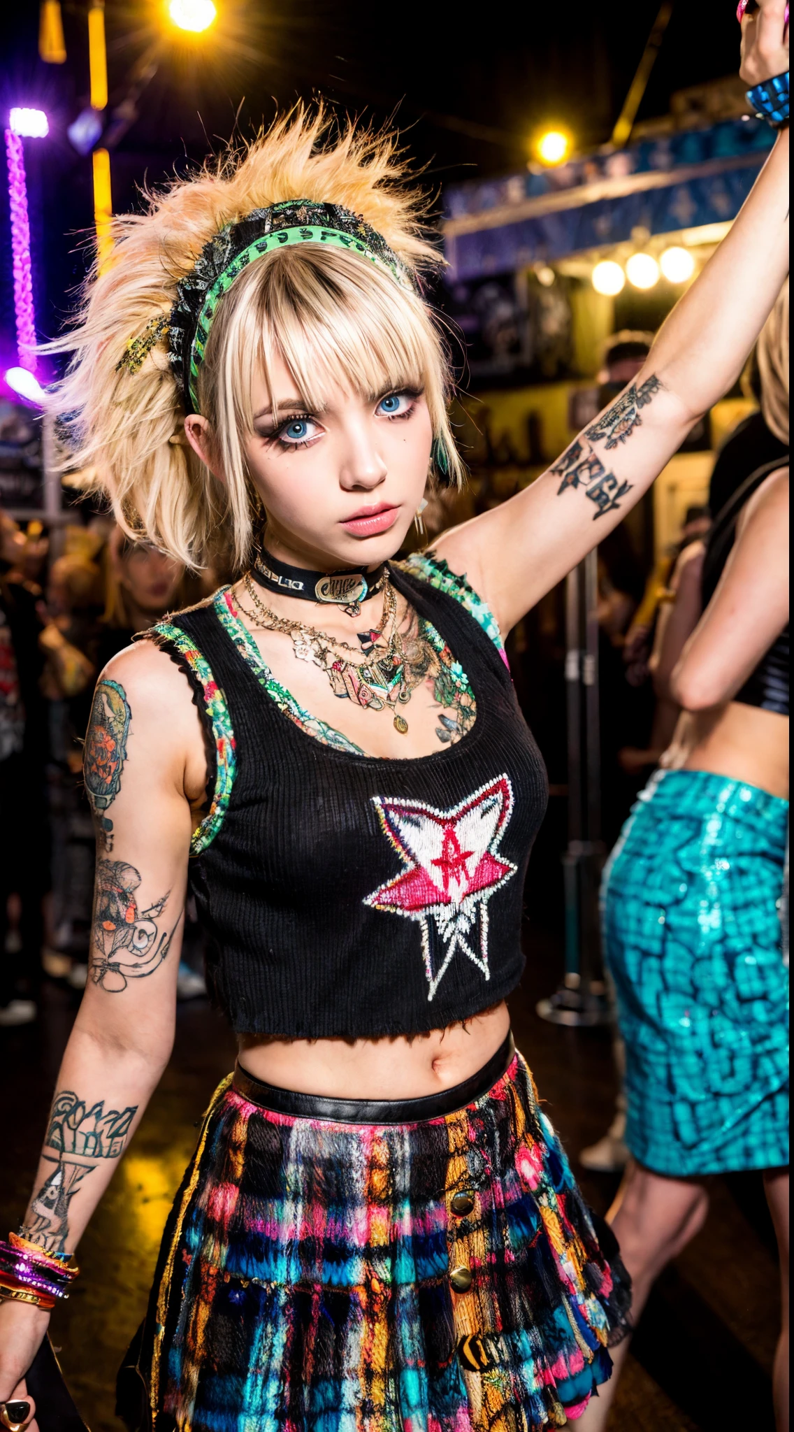 (Ultra-detailed eyes), (((textile shading))), (((Best Quality))), (((masterpiece))), (((Ultra-detailed CG))), sassy girl, (((magical  girl))), (Petite), (tiny chest), blonde hair, black hair, blonde hair, blonde hair, ((long hair Finest Punk Rock Fashion hairstyle, gorgeous hair)) The Finest Punk Rock Visuals, The Finest Punk Rock Fashion outfits, vibrant The Finest Punk Rock scene, The Finest Punk Rock Fashion Outfits, The Finest Punk Rock ambiance, The Finest Punk Rock at the teenager party:0.2 The Finest Punk Rock image of a women The Finest Punk Rock Outfits, immersed in the vibrant atmosphere of a teenager party. Her attire reflects the fashion trends of The Finest Punk Rock. The Finest Punk Rock Outfits teenager party scene  alive with pulsating lights, a lively teenager party, The Finest Punk Rock Outfits ambiance transports viewers back to The Finest Punk Rock era, capturing the spirit of The Finest Punk Rock, and self-expression that defined The Finest Punk Rock culture. punk aesthetic by combining a distressed knitted vest top with a pleated mini skirt. Eyes on viewers, upper image, no tattoo, without tattoo