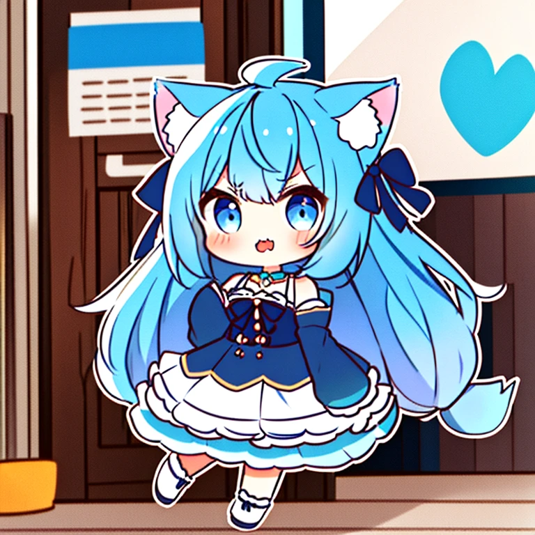 1girl in,Cat's ears,(Chibi:1.2),get angry,Blue hair,full body Esbian