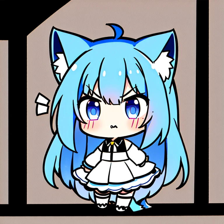 1girl in,Cat's ears,(Chibi:1.2),get angry,Blue hair,full body Esbian