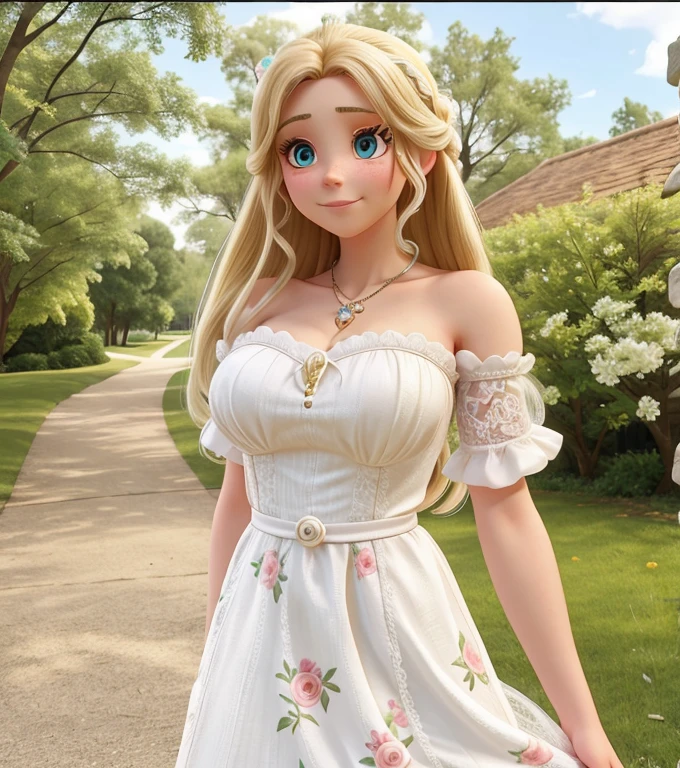 a close up of a woman in a dress posing for a picture, belle delphine, young beautiful amouranth, better known as amouranth, long blonde hair and large eyes, amouranth, wearing in a summer dress, wearing a wonderful dress, loli in dress, anime girl in real life, wearing a long flowery dress