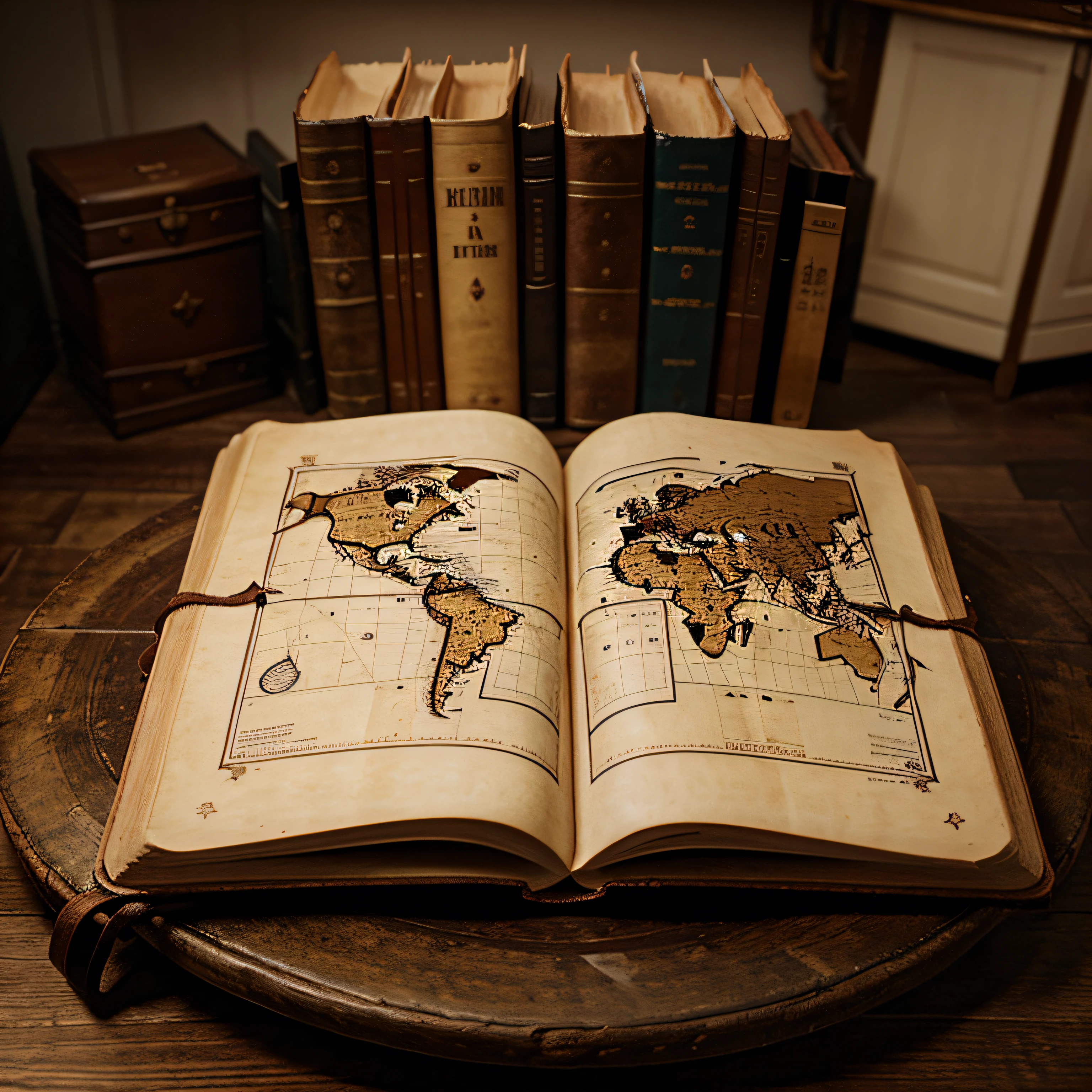 Uma fotografia em close de um livro desgastado com capa de couro, in a vintage map setting, com macio, diffuse lighting creating an atmosphere of nostalgia and intellectual curiosity, fotografia, primavera: 35 mm