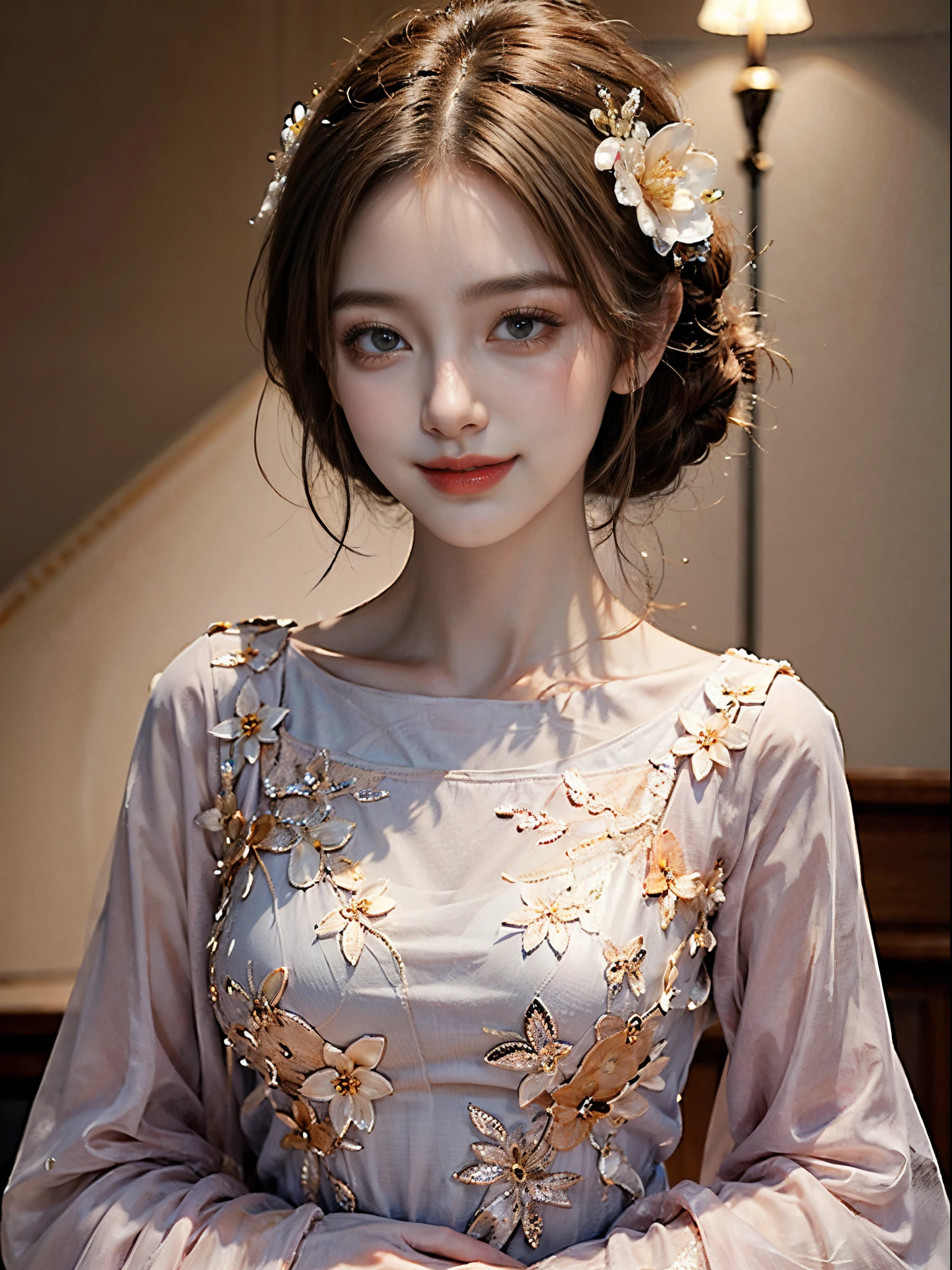 evening dress S9,flower,fashi-girl, A beautyful girl, a young female model, randome pose, posing elegantly, visually appealing, tmasterpiece, (Best quality at best, 4K, 8K, A high resolution, tmasterpiece:1.2), a warm color palette, ultra - detailed, Ultra-fine painting, delicated face, long slim figure, slim, largeeyes, pretty eyes, Hefty Smile, Random shooting angle, Random scenes