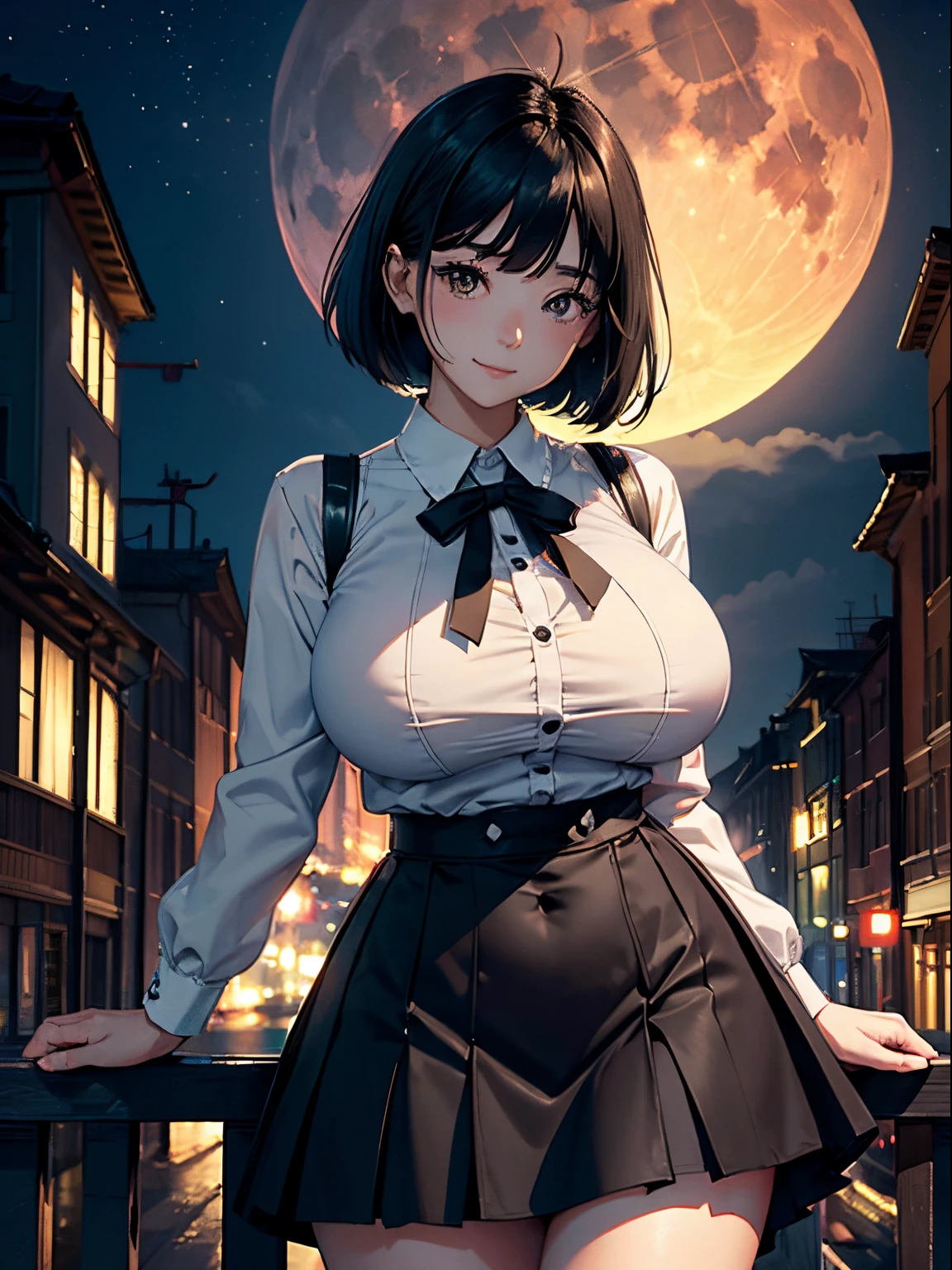 a 20 yo woman、(masterpiece:1.4)、(top-quality:1.4)、(Real Face:1.2)、(real looking skin:1.1)、超A high resolution、A hyper-realistic、high detailing、Brown eyes、Black hair short bob、耳环、Black collared shirt、skirt by the、(huge-breasted:1.5)、Stand facing the front、a smile、On the rooftop、natta、Super giant moon、More than half of the screen is the moon、nighttime scene
