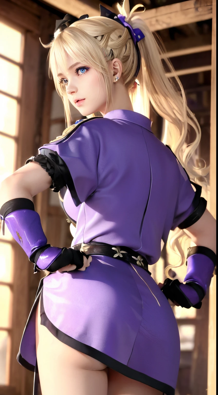 Marie Rose, blonde hair, ((ar old)((Ponytail, Wavy hair:1.5)), ((Blue eyes)), Clothes((warrior clothes, Samurai Armored, Light purple, Black gloves)), Ponytail, shock, Colossal tits, huge-breasted, oppai, temple, shrines,
