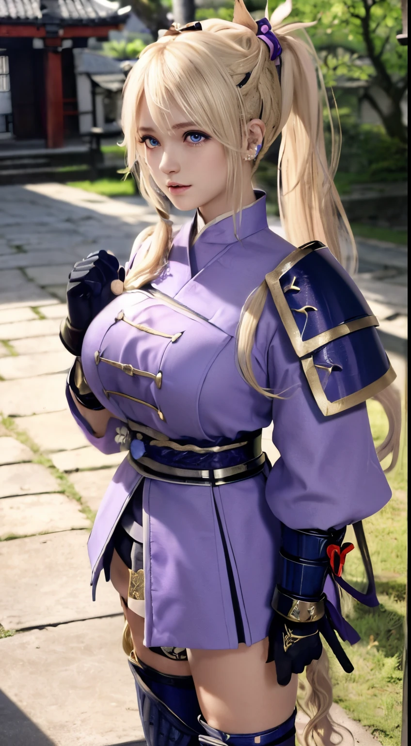 Marie Rose, blonde hair, ((ar old)((Ponytail, Wavy hair:1.5)), ((Blue eyes)), Clothes((warrior clothes, Samurai Armored, Light purple, Black gloves)), Ponytail, shock, Colossal tits, huge-breasted, oppai, temple, shrines,