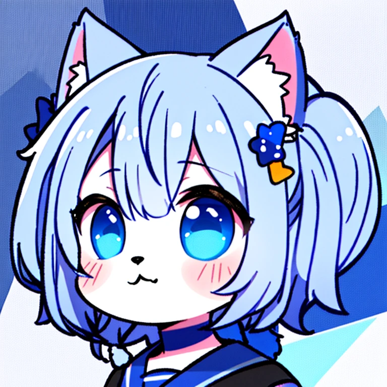 1girl in,Cat's ears,(Chibi:1.2),Furry, White fur, hyper cute face, fur blue elements, bright t-shirt, ultra-detailed hair,