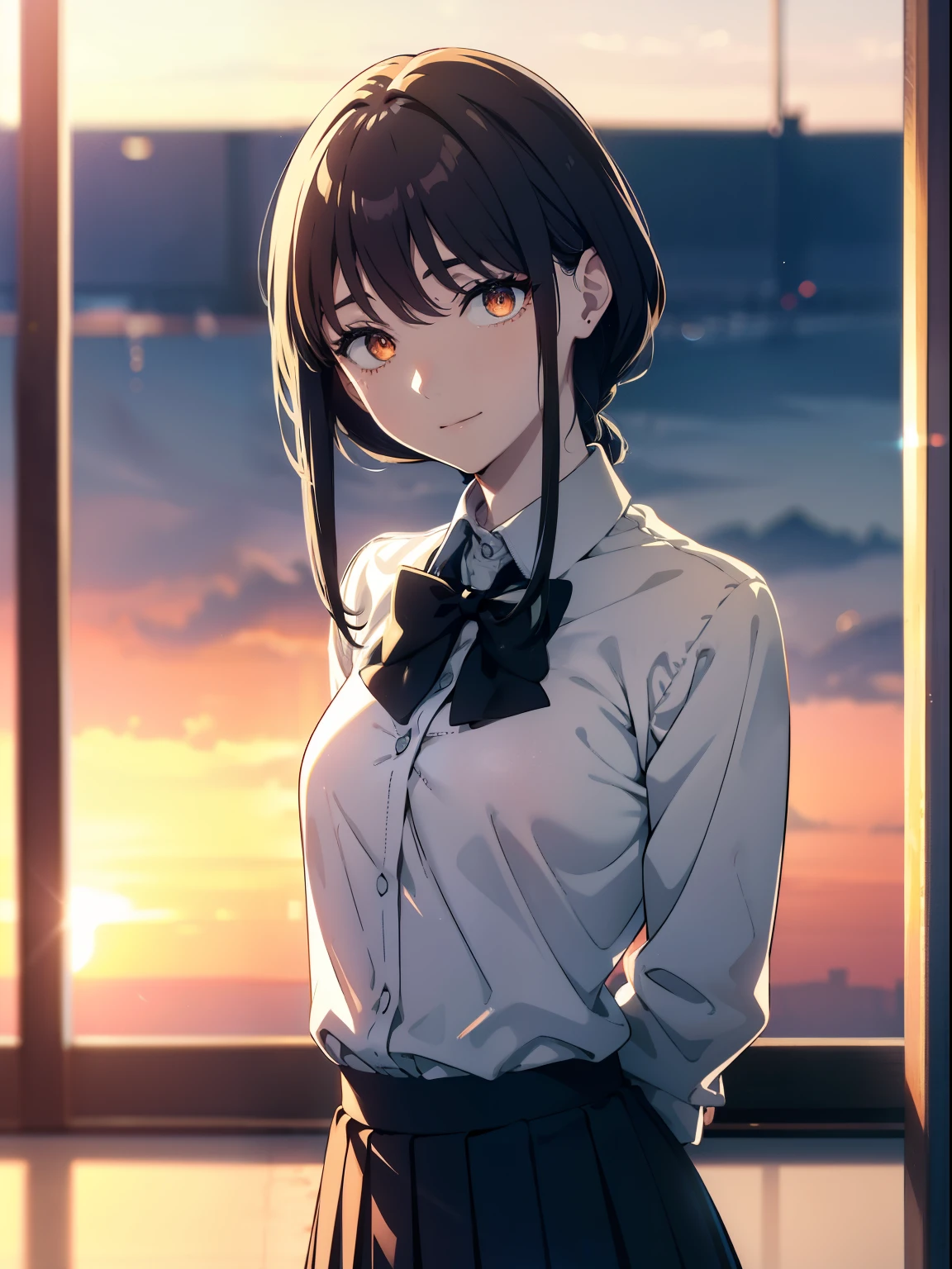 (Obra maestra, La mejor calidad, ultrahigh resolution), 1girl, school uniform, white office shirt, black pleated skirt, light brown hair, long hair cut, pale skin, (orange eyes), glowing_eyes, neon eyes, (ultra detailed eyes, beautiful and detailed face, detailed eyes), ((centered)), smile, ((wide shot)), facing viewer, eye level, (blurry background, sunset background), flat chested, looking at viewer, half closed eyes, (perfect hands), (head, arms, hips, elbows, in view), ((tall)), ((hands behind back))