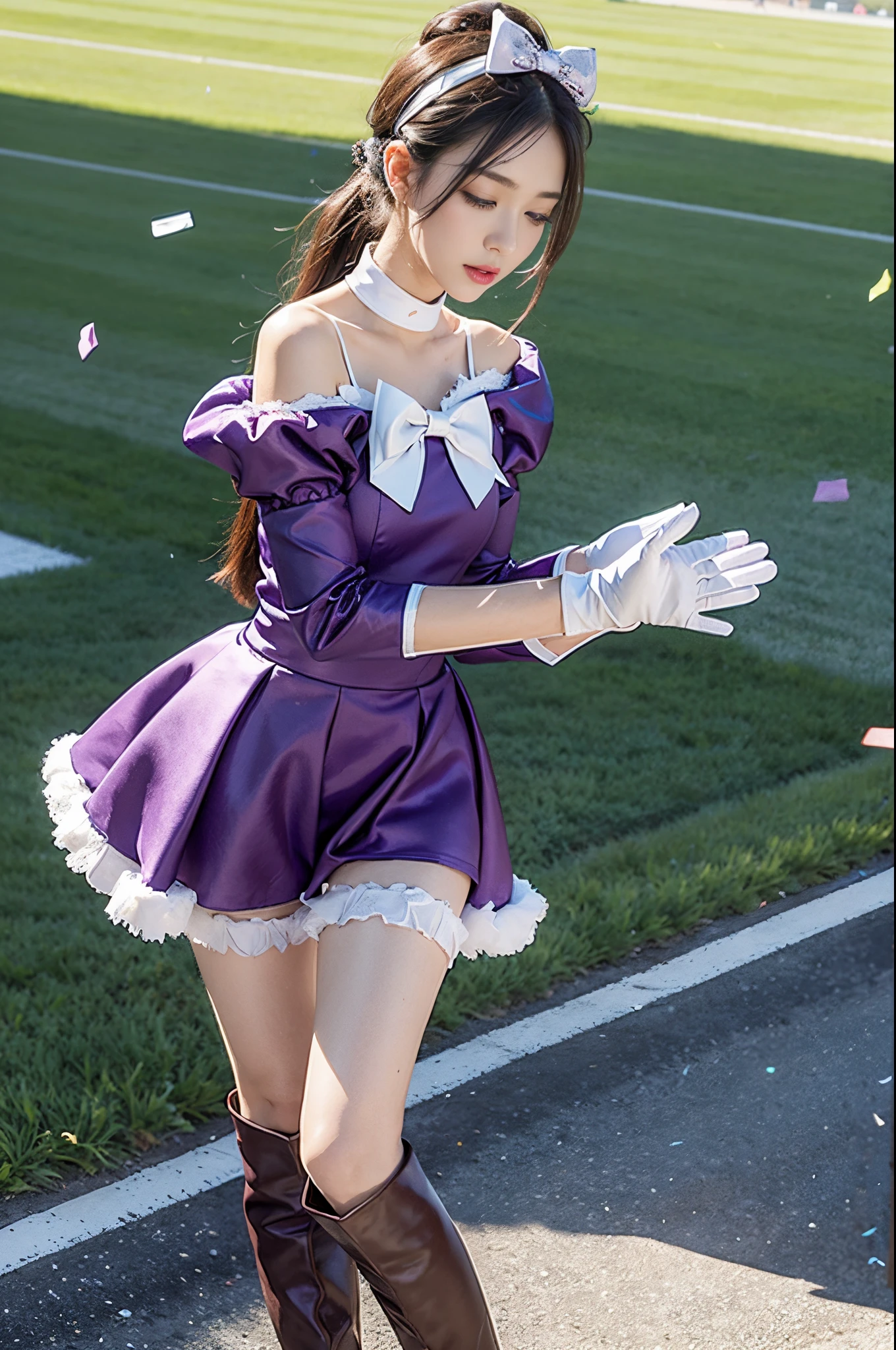 masterpiece, best quality,
narita top road,
grass, stadium, confetti,
standing, sweatdrop, hand up, looking down,
ear cover, star hair ornament, brooch, sleeveless dress, purple dress, white bow, mismatched gloves, white gloves, black gloves, shoulder cutout, puffy long sleeves, detached sleeves, see-through sleeves, frills, shorts under dress, short shorts, purple shorts, thigh strap, knee boots, purple footwear,
