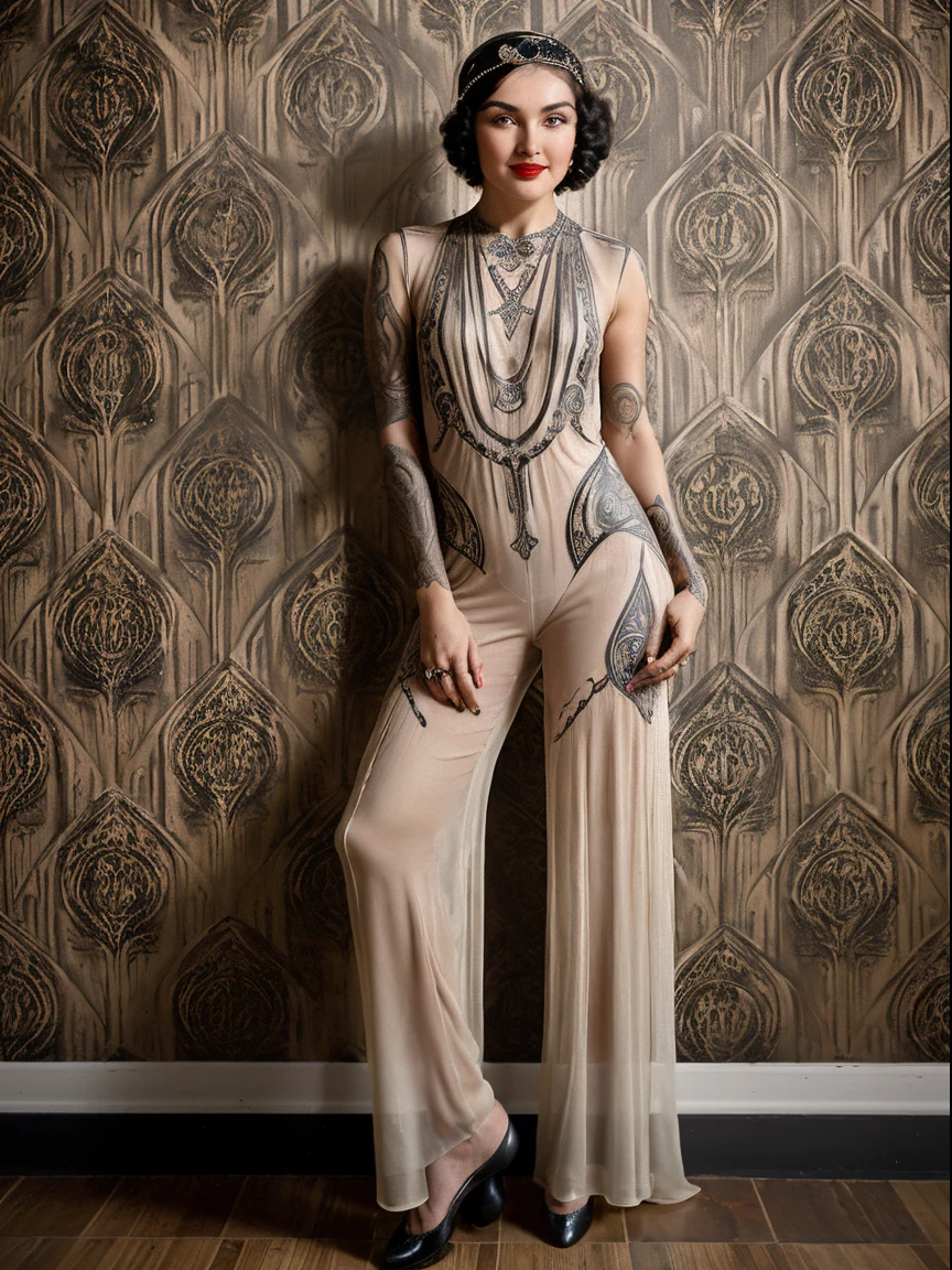 retrato, fotografia ultra realista, um alto, modelo sueco fino, rosto elegante, sorridente, Woman, large gray eye sleeve dragon tattoos:1.4), (tatuagens tribais no peito:1.4), (tribal neck tattoos:1.4), medium perky breasts, medium length light blonde hair, Batom brilhante, unhas vermelhas, (wearing high-cut sheer chiffon jumpsuit:1.2 (recorte de peito)), meias coxas, saia plissada muito curta e apertada, botas brancas de cano alto, colar dourado, pulseiras de ouro, Standing, Relaxed,(pose de glamour sexy:1.2), Wet, sweating, (Ornate 1920s Deco wall background:1.6), Noite, nikon 75mm, f9, .RAW, editorial, Testino