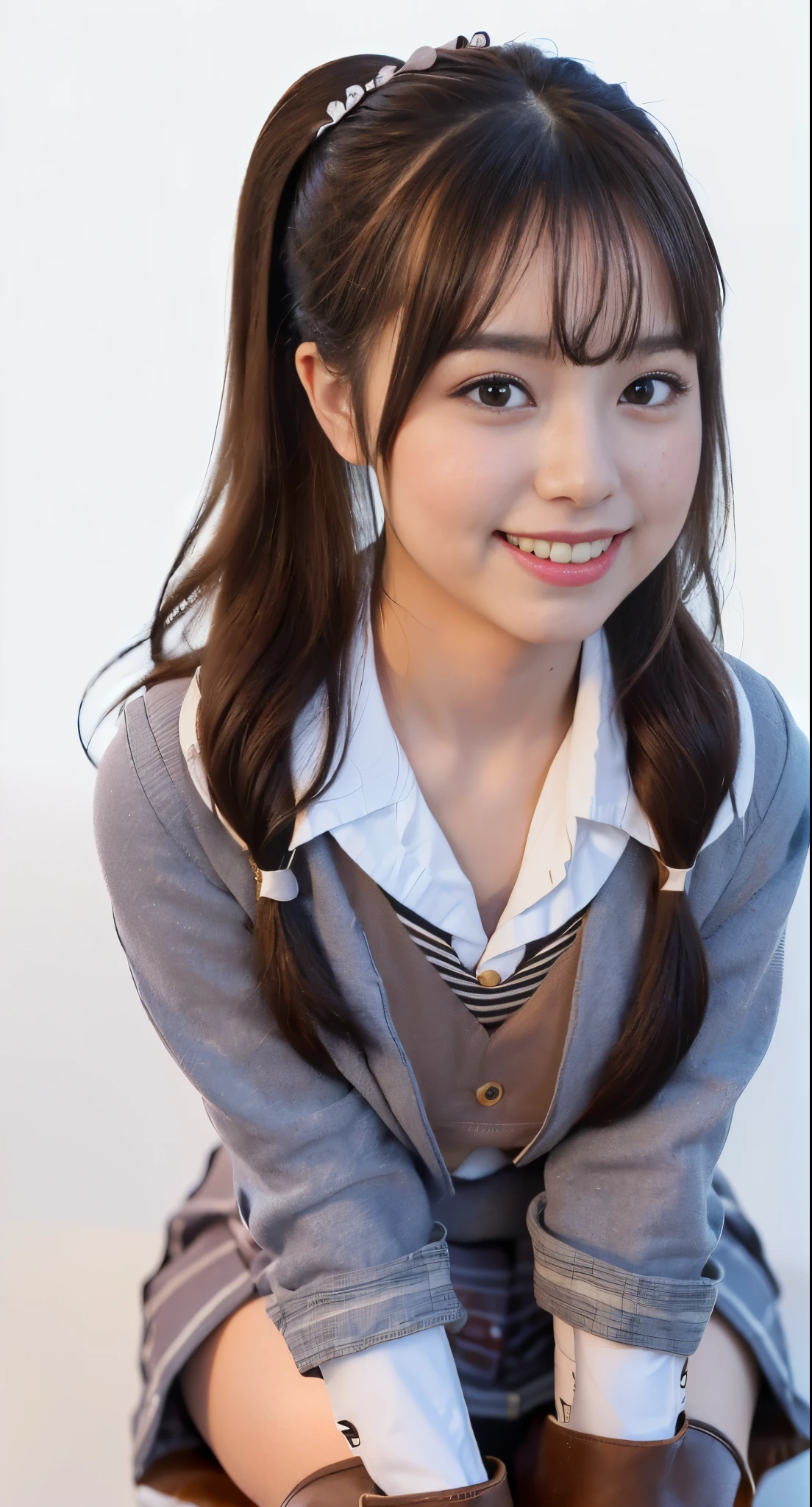 a closeup, masterpiece, top-quality, FULL ANATOMY、Raw foto, Photorealsitic、(Cute little face:1.4)、(Very cute smile:1.7)、(with round face:1.8)、(She looks like an idol and is cute:1.7), (A dark-haired)、(cute school uniform:1.7), depth of fields, hight resolution, ultra-detailliert, finely detail, ighly detailed, extremely detailed eye and face, Realistic pupils, foco nítido, Cinematic lighting、18-year-old woman、(One lady、Only one person、独奏、without background:1.9)、 (poneyTail、curlyhair:1.4)、Very detailed 8k wallpaper、Show me your whole body、Looking at the camera、(Too short plaid pleated skirt、I can see the white panties、Plump panties、Lift the hem of the skirt with both hands、Showing her panties to the camera:1.7)、(Brown Long Boots:1.6)、Angle from below、(Thigh close-up:1.6)、(Nice figure、big breasts thin waist)、(Clothes with emphasized chest bulge、Colossal tits:1.7)、Background depth of field