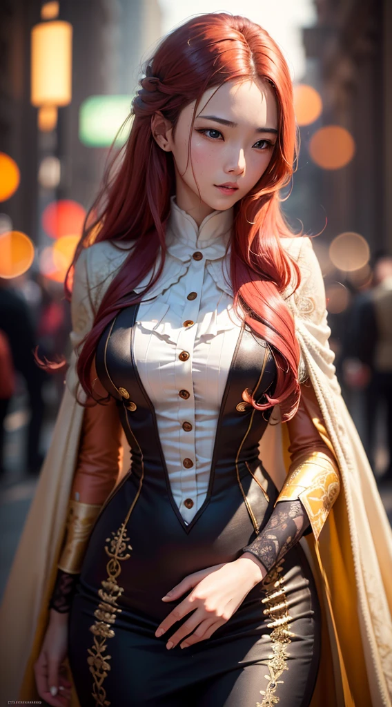 beautiful,tall woman,red hair,yellow eyes,surreal,meticulously tailored suit+(best quality,4k,8k,highres,masterpiece:1.2),ultra-detailed,(realistic,photorealistic,photo-realistic:1.37),HDR,UHD,studio lighting,ultra-fine painting,sharp focus,physically-based rendering,extreme detail description,professional,vivid colors,bokeh,portrait,colorful,pastel tones,soft lighting.