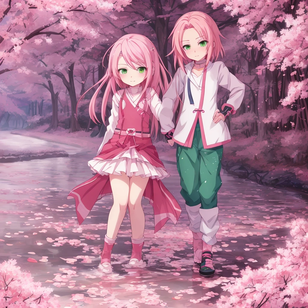 Anime girl with pink hair and green eyes posing for photo, sakura haruno, best anime 4k konachan wallpapers, of anime girls, Kitagawa Marin fan art, Sakura petals surround her, splash ink art anime loli, Anime style 4k, Anime cute art style, High quality anime art style, Detailed anime artwork, anime wallpaper, The best girl in anime