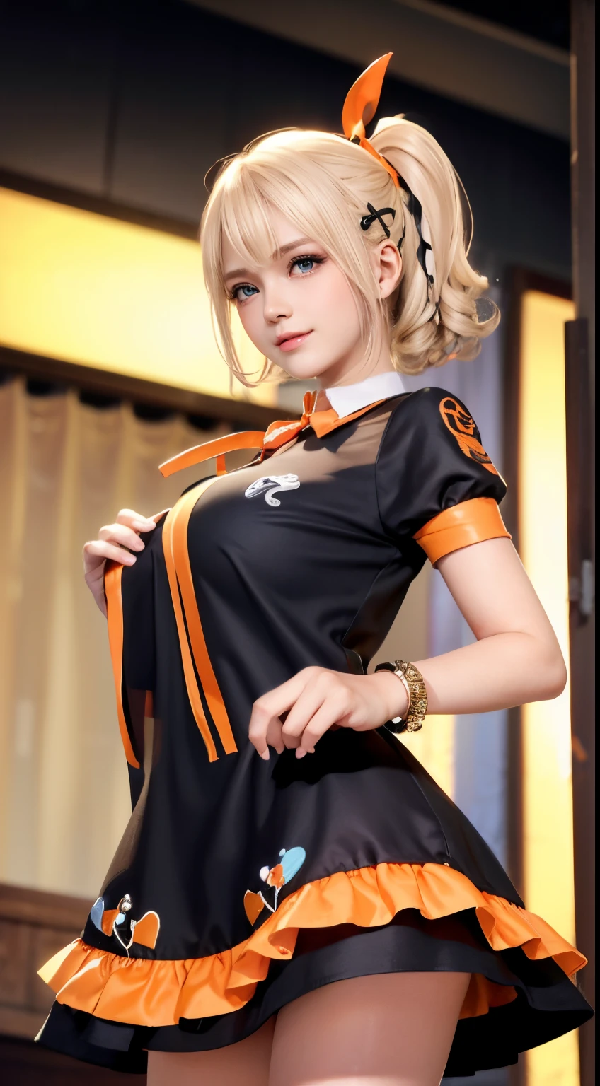 Marie Rose, blonde hair, ((12year old)), ((Short curly hair)), Eyes((Smart Eyes, Black)), Clothes((satin, Mini dress, Ribbon trim, orange, orange)), Accessories ((hair clips, shock, Bracelet)), Ponytail, (((slender, huge tits))), huge-breasted, Korean Makeup Look, Happy, stage, Spotlight, concert, Smiling, Smile expression, Dancing, ((Short curly hair))