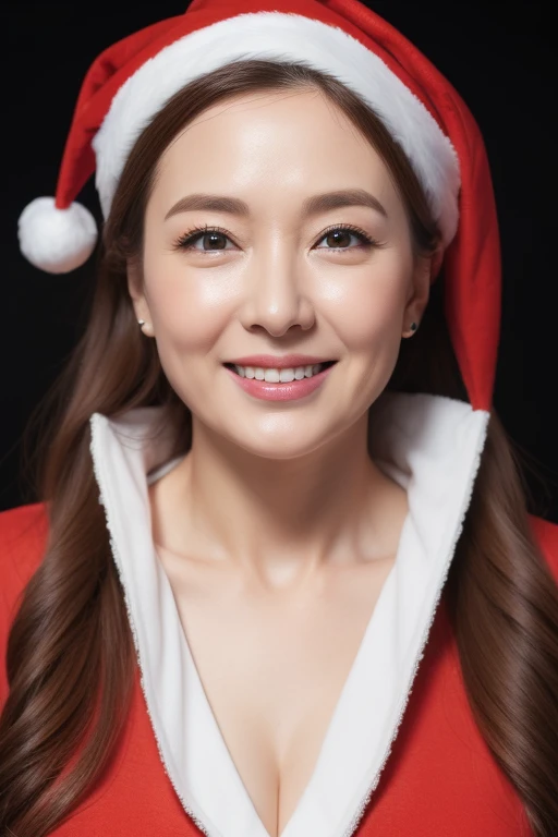 (A hyper-realistic、reallistic、top-quality、Raw photography、masterpiece:1.3)、(Hoihoi:1.2)、(A hyper-realistic), (illustratio), (Hi-Res), (in 8K), (ighly detailed), (best illustration detailed eye eating), (top-quality), (ultra-detailliert), (Master masterpiece), (详细的脸)、Old face、cheekbones stand out、Wrinkles at the corners of the eyes、、drooing eyes,full of sweat,Mature and attractive woman、bbw、Christmas、Christmas tree、(((Santa Claus Costume)))、A smile、masterpiece、top-quality
