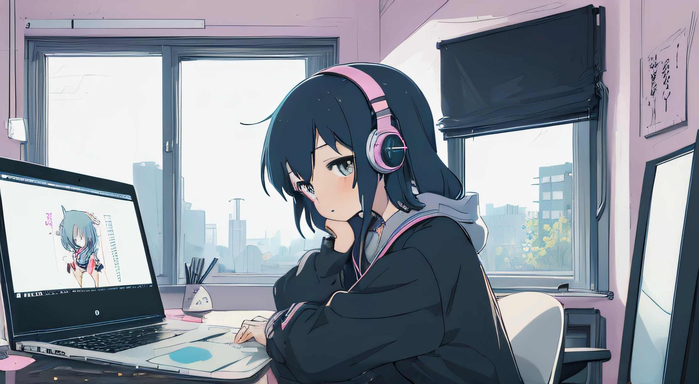 anime girl sitting at a desk with a laptop and headphones on, lofi girl, lofi artstyle, lofi art, lofi hip hop, lofi girl aesthetic, lofi, lofi feel, lofi vibes, chillhop, lofi portrait, lofi colors, lofi aesthetic, lofi vibe, lo-fi art, best body quality