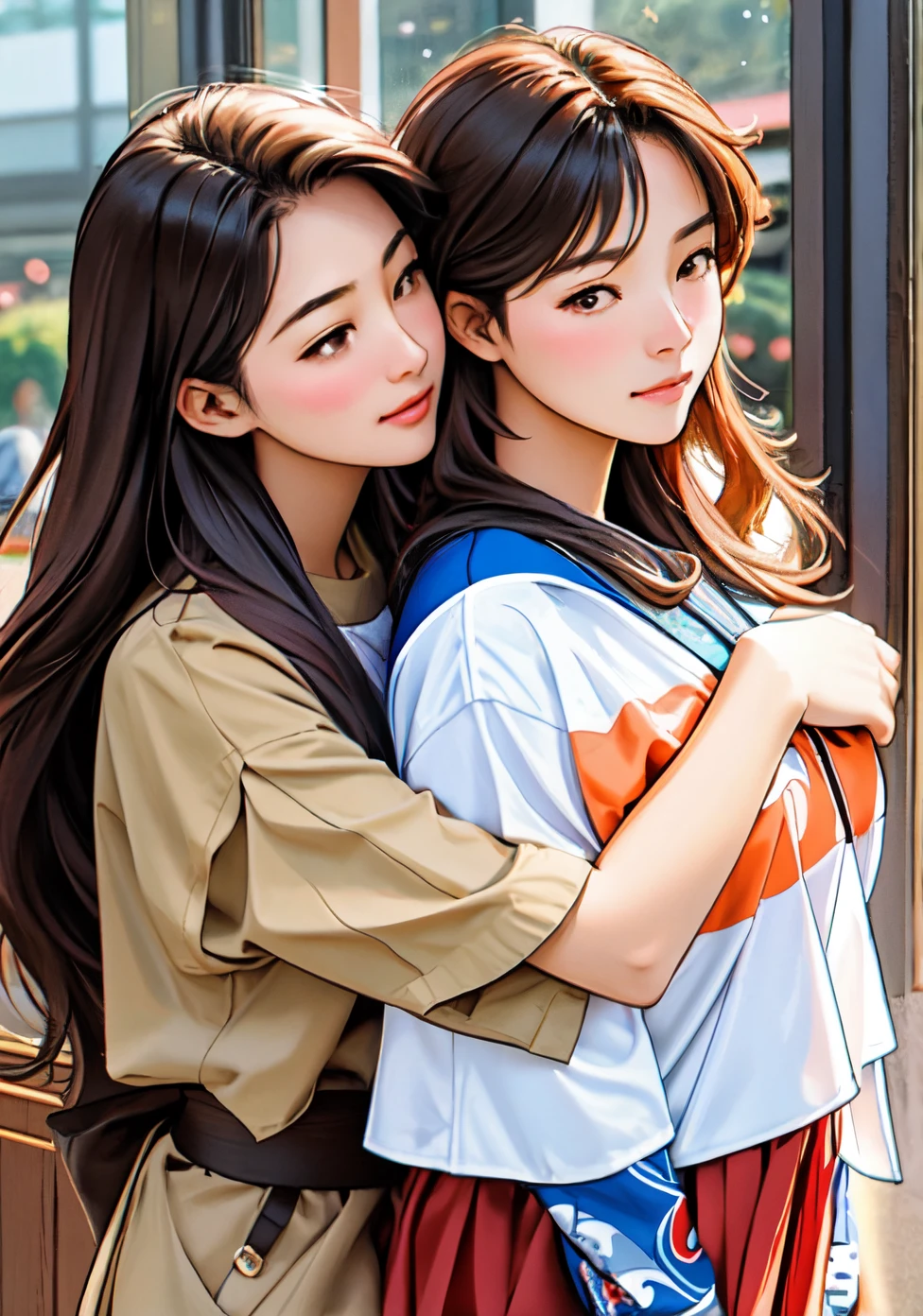 Two women are hugging each other in the same photo.,  Woman hugging another woman, Long-haired women and boyish women、Two girls, Portrait of woman hugging, Tan Tin Po, promo photo、超A high resolution,  thin outline:1.3, Sharp focus quality, Natural lighting,Woman in her 30s