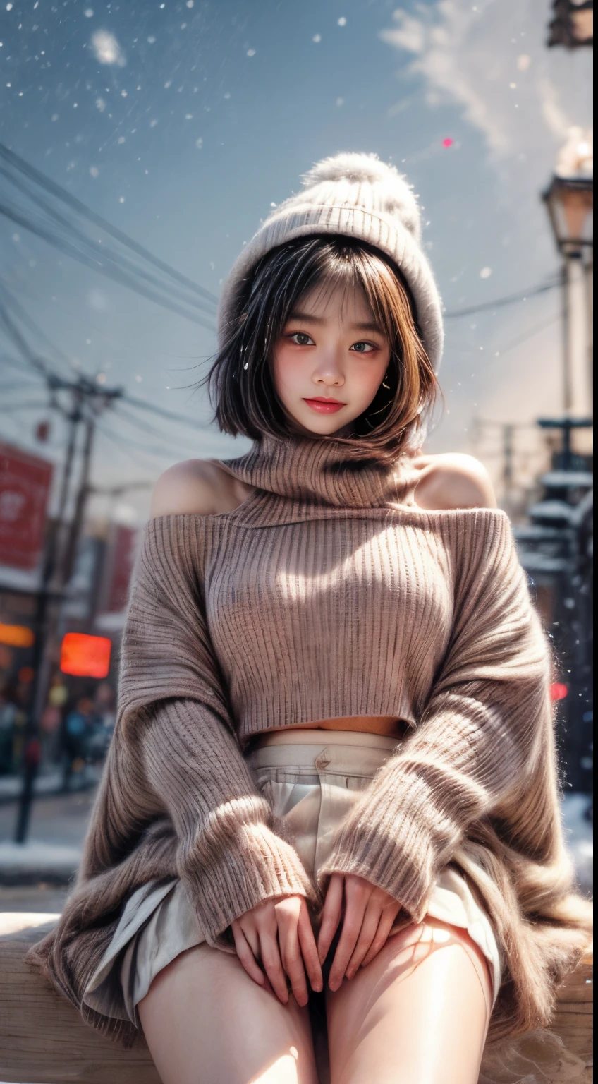 ​masterpiece、8K、32K、top-quality、(A detailed eye)、(A cute Japanese woman、bangss)、23years old、1 girl in、elegent、(Detailed background depiction、portlate:1.2)、(bob cuts:1.3)、(illuminations、Snow:1.4)、(turned around:1.2)、knit hat、(wool poncho、Plaid mini skirt、thighs thighs thighs thighs:1.2)、、(Snow:1.4)、(blushed face、Cheerful:1.4)、(Angle from below:1.3)