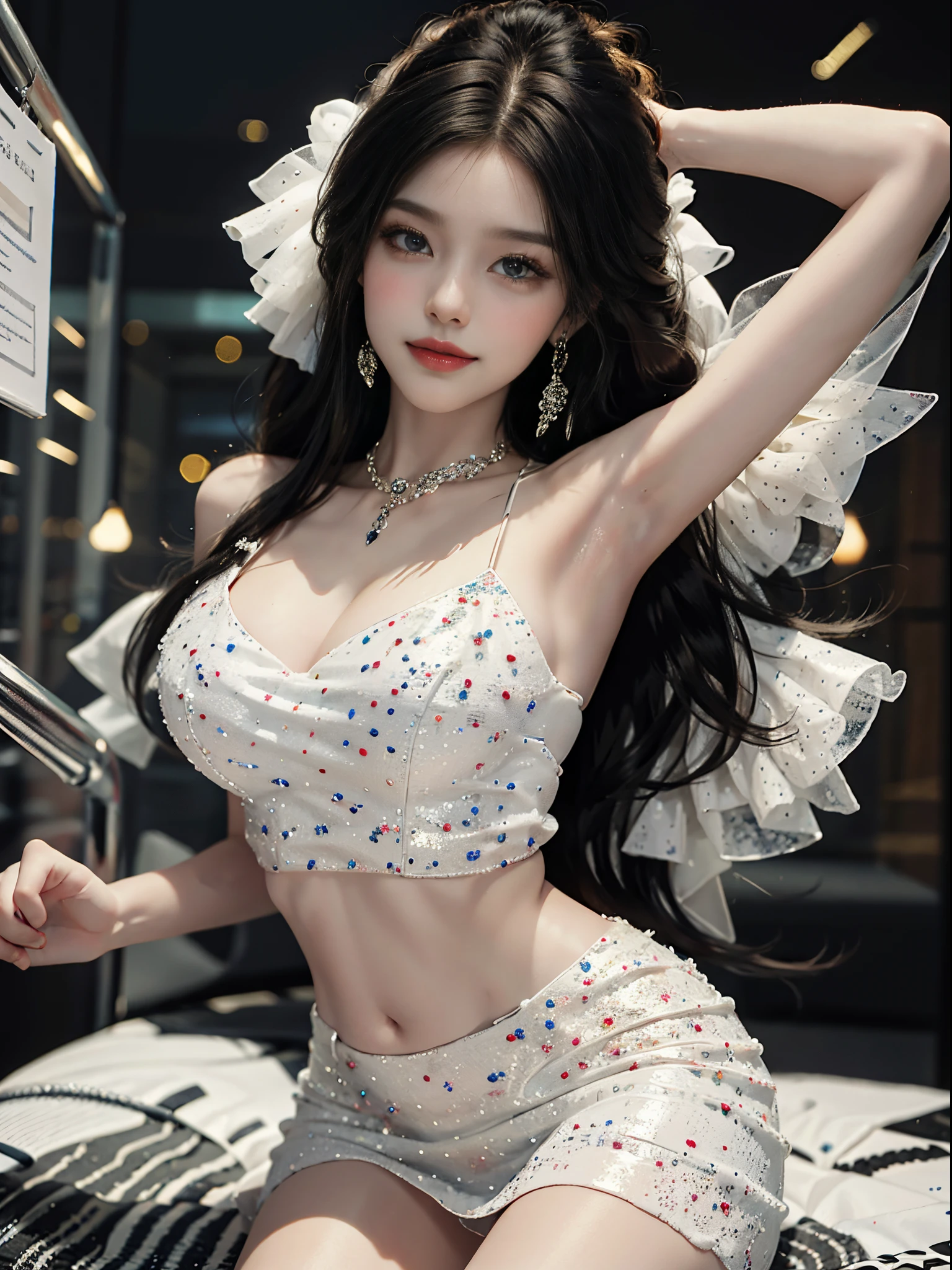 white dress, cleavage, large breasts,,fashi-girl, ((cowboy shot)), A beautyful girl, a young female model, Random pose, posing elegantly, visually appealing, tmasterpiece, (Best quality at best, 4K, 8K, A high resolution, tmasterpiece:1.2), a warm color palette, ultra - detailed, Ultra-fine painting, delicated face, long slim figure, slim, largeeyes, pretty eyes, Hefty Smile, Random shooting angle, Random scenes