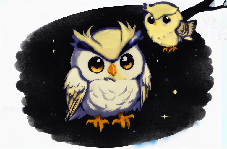 There is a small yellow owl with big eyes on a white surface, style of cute pokemon, very very small owl, Chibi, CuteCreatures, birb, Cute owl, with a cute fluffy owl, Cute:2, cute little creature, happy wise. he has bouncy belly, adorable glowing creature, Oulbea, glowing owl