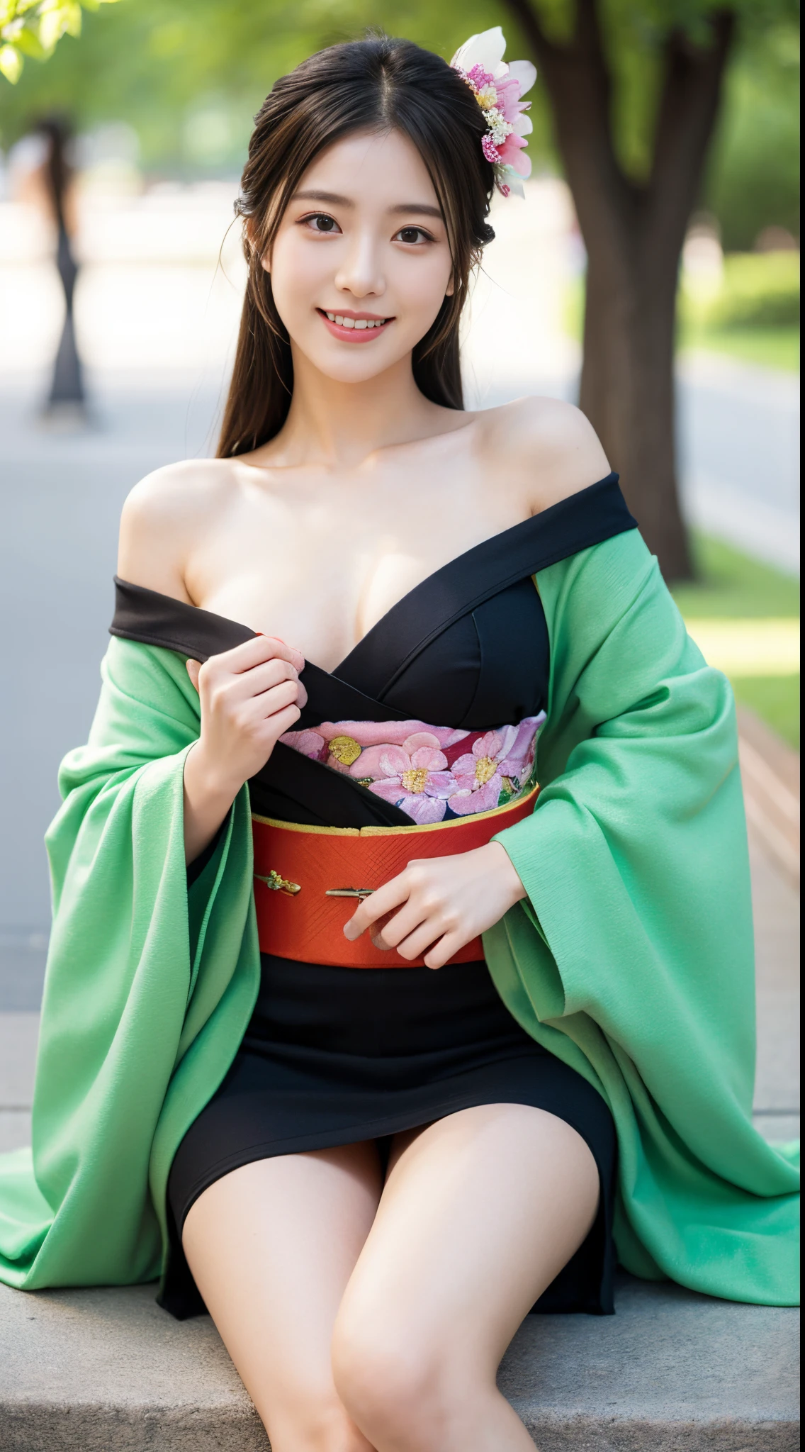 (Mastrepeace:1.2,Best Quality,ultra-detailliert) sexy kimono, Bare shoulder, Bare legs, Open V chest clothes, sexy cute beautiful detailed face, 1girl in, The face of the Japan idol, NSFW, The cherry tree, flower eating hairstyle、A smile, Nice teeth, Sexy Pose, Colossal tits、 girl、花魁、花魁、Kimono、Flower qui hairstyle