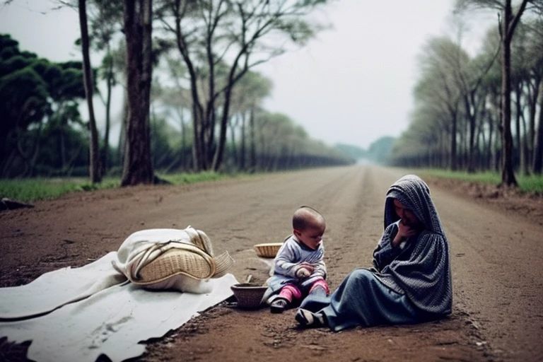 (((a poor woman sitting on the floor with a baby on her lap))), roupas sujas, filho da pobreza, miserable, man standing beside, sofrimento, sentada, sarjeta, dirty water, A dirty child, despojados de dignidade, on the margins of society, insalubre, (((um beco imundo))), latas de lixo, pedindo esmola, mulher sentada, (misery in real life), (landscape with a pale gray sun), luzes evidenciam a mulher, beco com latas de lixo, gray sky, luzes com vapores, miasmas, espectros, foco na mulher e no bebe, ambiente cheio de vapores