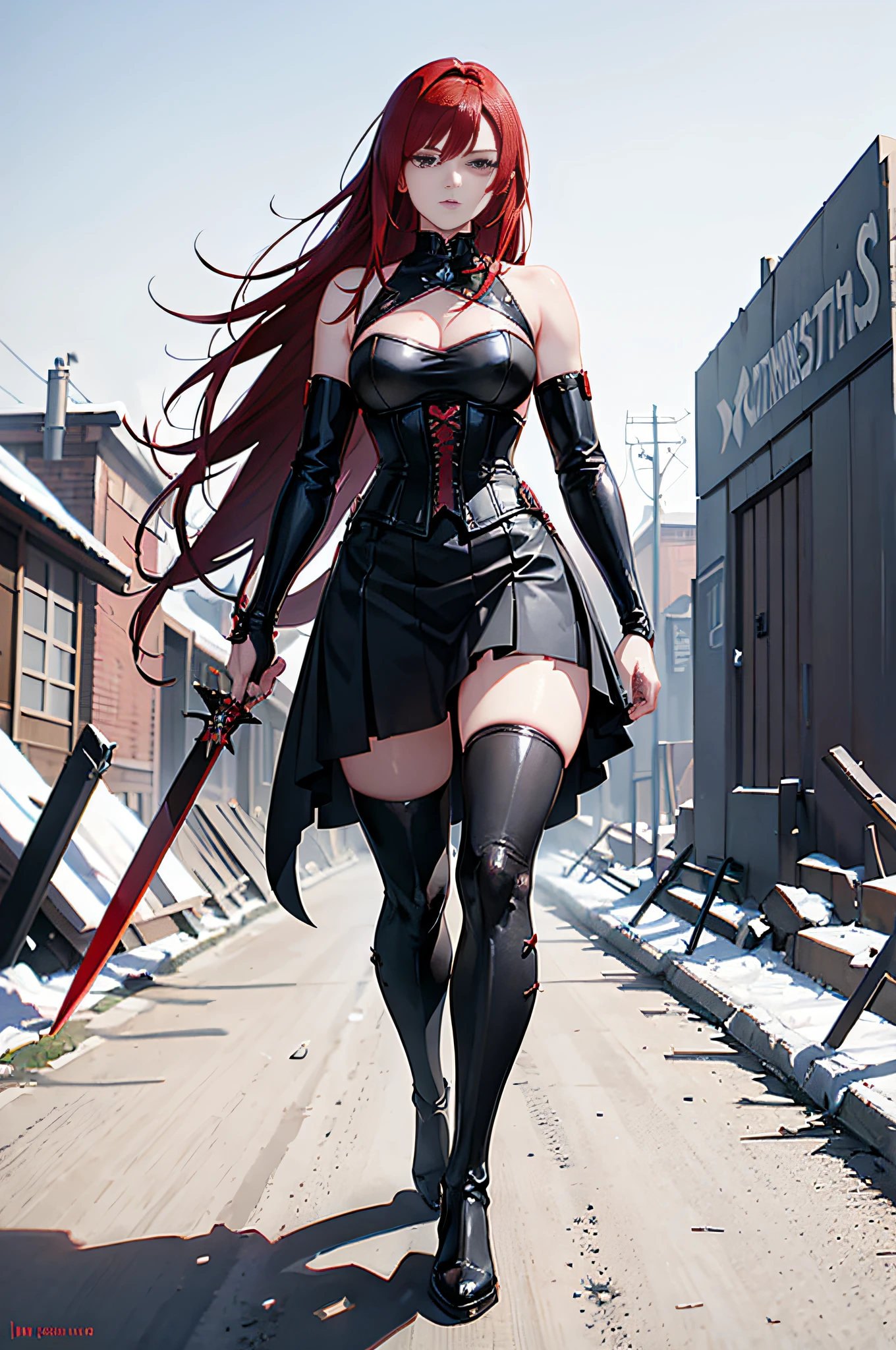 Red-haired woman in black corset walks on battlefield, Combat skirt，There  a red mark in the center of the eyebrow，Female action anime girl,Portrait Ninja Gaiden，One-handed longsword，a very beautiful violent woman, cyberpunk anime girl, Goth girl beautiful female killer，arrogant，apathy