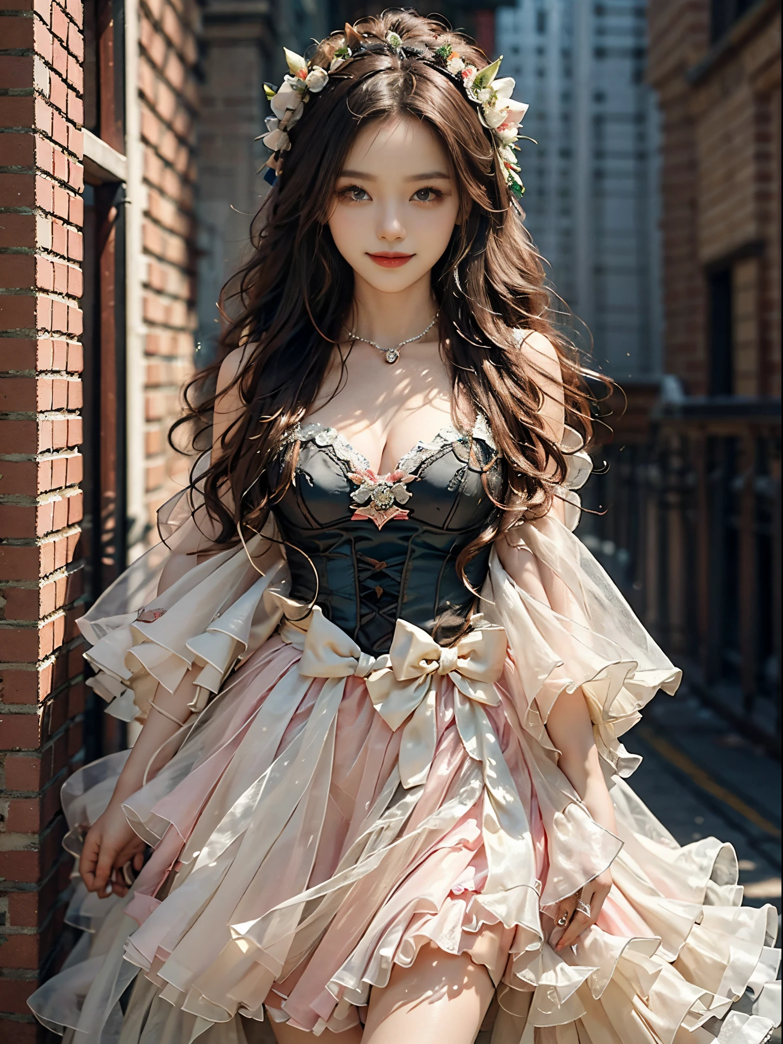 Romantic Rosette dress2,fashi-girl, ((cowboy shot)), A beautyful girl, a young female model, Random pose, posing elegantly, visually appealing, tmasterpiece, (Best quality at best, 4K, 8K, A high resolution, tmasterpiece:1.2), a warm color palette, ultra - detailed, Ultra-fine painting, delicated face, long slim figure, slim, largeeyes, pretty eyes, Hefty Smile, Random shooting angle, Random scenes