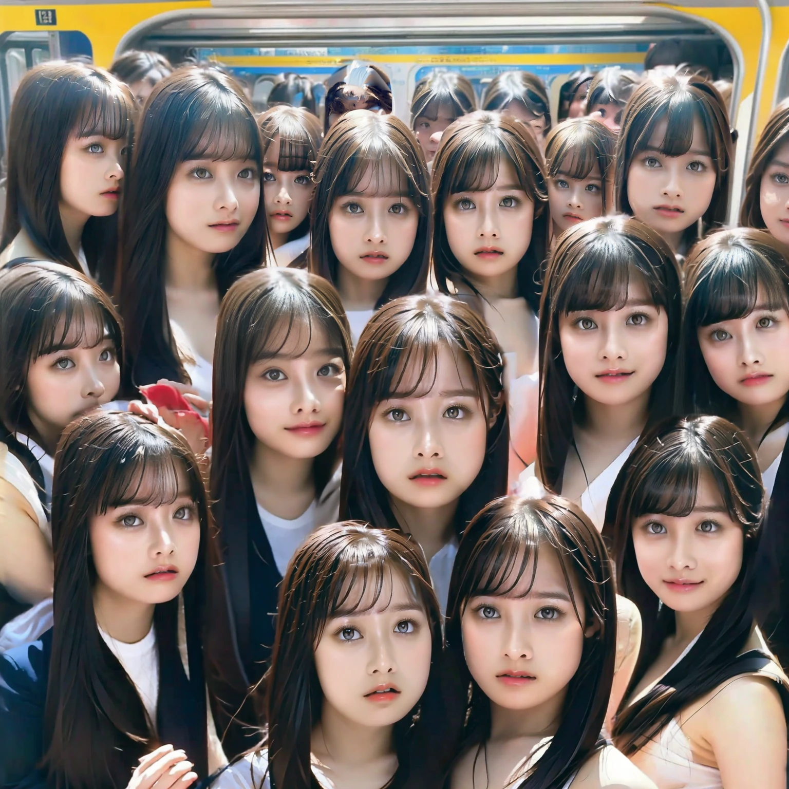 Raw photo、(((multiple girls))),((((6+girls)))),((((1000girls)))),(((10000girls)))、(((crowd shot))),((a baby face)),(((Adhesion)))、((Crammed))、((Packed))、elementary student、(Inside the crowded train)、(((is standing)))、((Everyone is standing)),(((6 years old)))、Women only、japanes、((Same height))、The same face、((A dark-haired)),Longhaire、((1000 cute women standing close together on the train))、(((Large group)))、((chiquita))、sweating、A crowded train full of ***********s