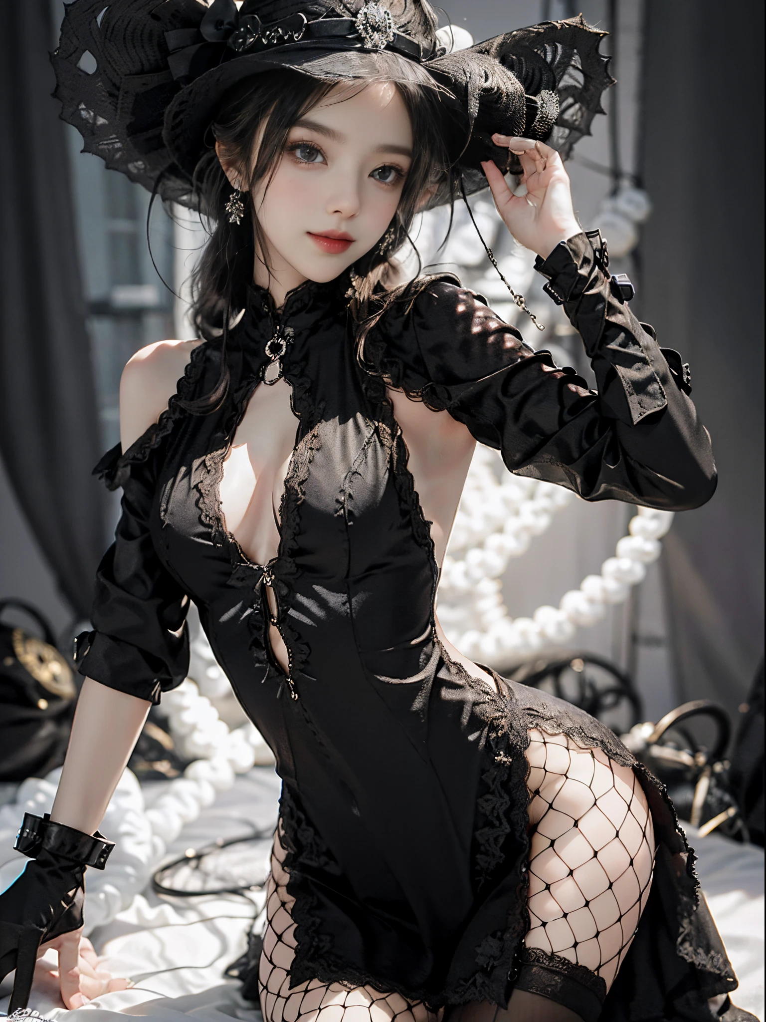 black dress, black gloves, pantyhose,,fashi-girl, ((cowboy shot)), A beautyful girl, a young female model, Random pose, posing elegantly, visually appealing, tmasterpiece, (Best quality at best, 4K, 8K, A high resolution, tmasterpiece:1.2), a warm color palette, ultra - detailed, Ultra-fine painting, delicated face, long slim figure, slim, largeeyes, pretty eyes, Hefty Smile, Random shooting angle, Random scenes