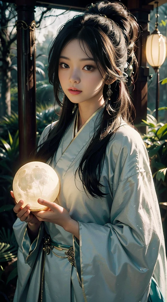 style of anime, A mysterious young woman holding a glowing orast with soft light, Her flawless features exude an ethereal glow. Quiet environment, The moonlit forest and her costume are a gorgeous fusion of traditional Asian culture and futuristic fantasy. Every detail of her face and outfit shown in extreme close-up,The level of detail extraordinary. Artis: Alec Soth