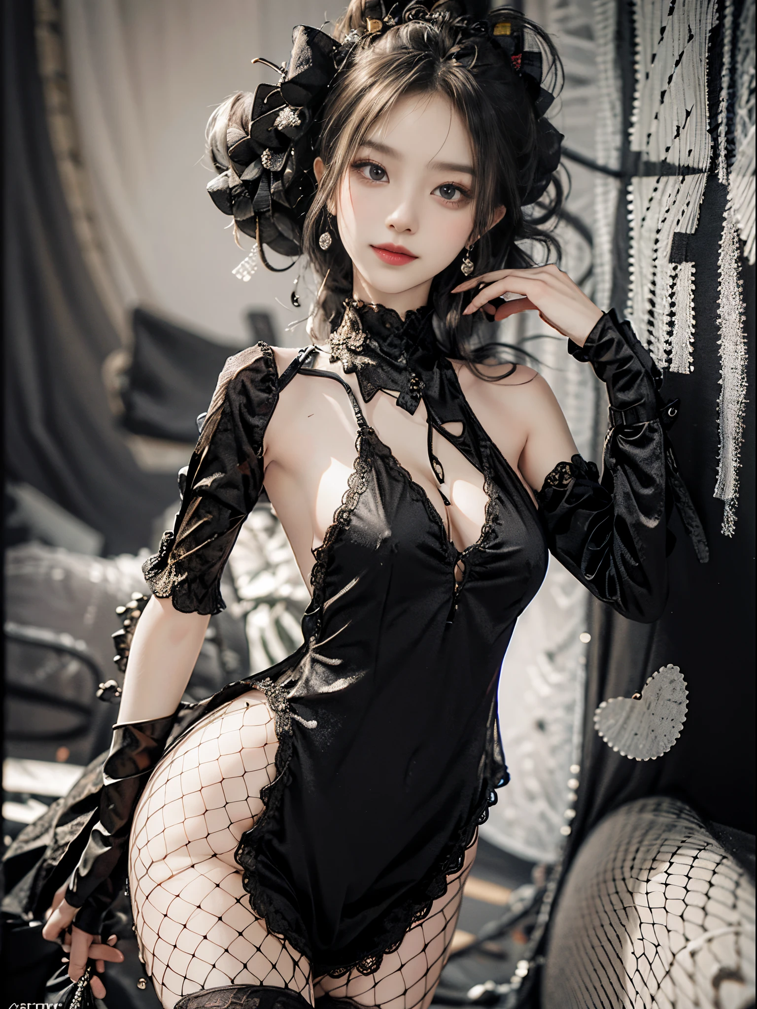 black dress, black gloves, pantyhose,,fashi-girl, ((cowboy shot)), A beautyful girl, a young female model, Random pose, posing elegantly, visually appealing, tmasterpiece, (Best quality at best, 4K, 8K, A high resolution, tmasterpiece:1.2), a warm color palette, ultra - detailed, Ultra-fine painting, delicated face, long slim figure, slim, largeeyes, pretty eyes, Hefty Smile, Random shooting angle, Random scenes