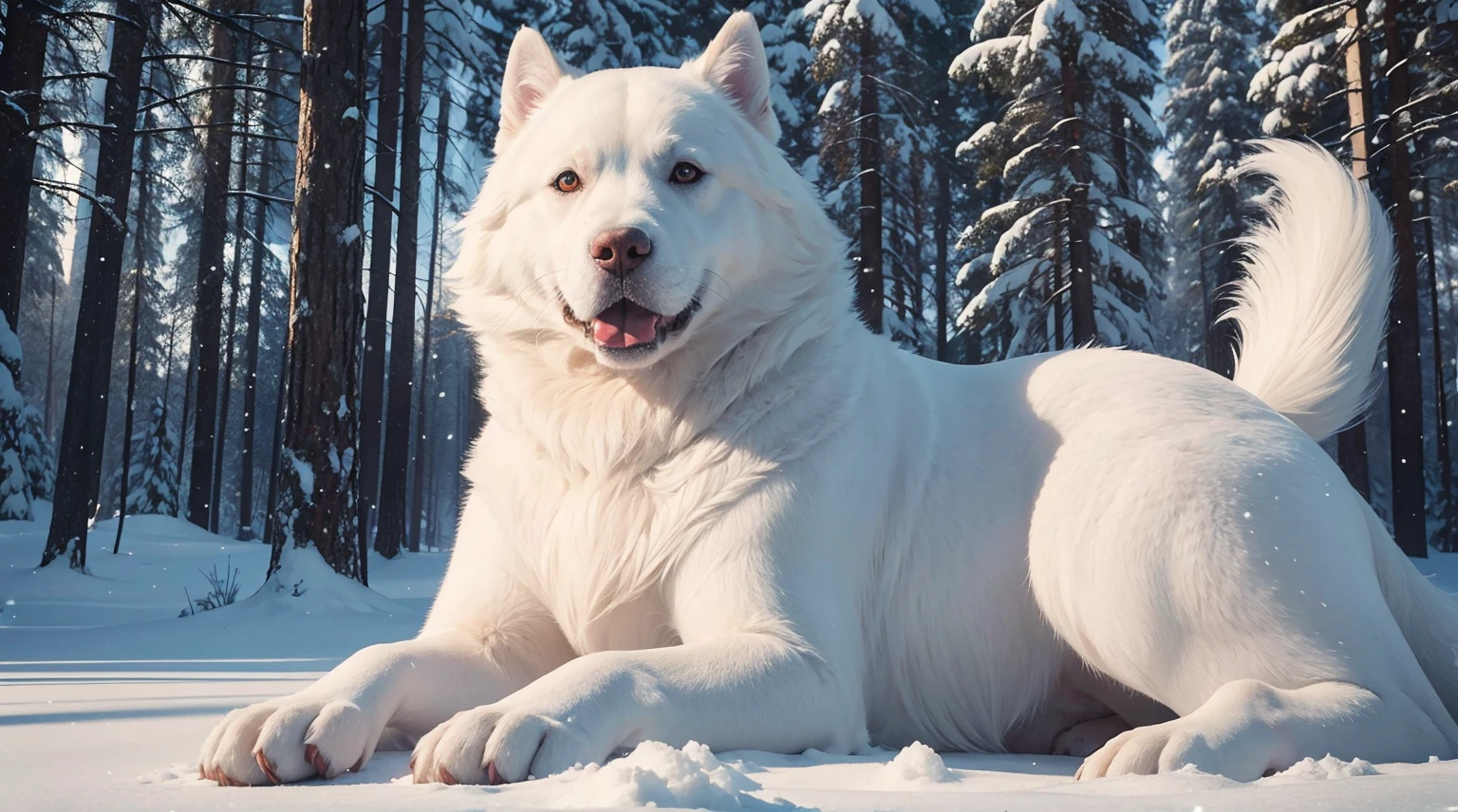 very big dog, white colors,odd eye, Animal Pictures, Fantastic,In the winter forest、It's snowing、Best Quality, High quality, masterpiece, in 8K,ultra-detailliert
