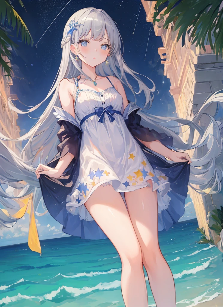 (((masterpiece))),best quality,sundress,ocean,starry sky,standing,from below,(beautiful detailed girl),earrings,long hair,swept bangs,sliver hair, (1 girl)