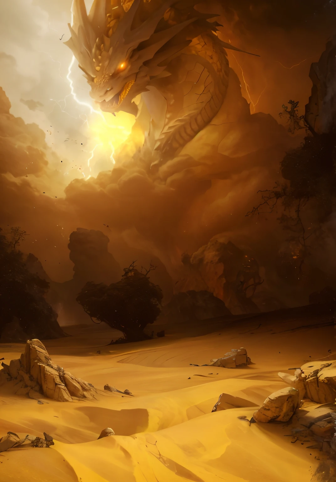 Draw a dragon emerging from the storm. The majestic and imposing dragon, brilhando sob a luz do sol.

The dragon displays outstretched wings, criados a partir da tempestade de areia, and your claws and teeth are made of frozen lightning. They emanate electrical sparks that illuminate their sandy body and amplify the feeling of power....

Around the dragon, uma intensa tempestade de areia em movimento, com ventos violentos erguendo nuvens de poeira ao seu redor. Lightning and electrical sparks emanate from the dragon'Corpo, spreading across the desert sky, creating a threatening and powerful atmosphere.

Use earthy and yellow tones for the core palette, contrasting with shades of blue and white for lightning and electrical sparks, transmitting the sensation of heat and electrical energy emanating from the dragon