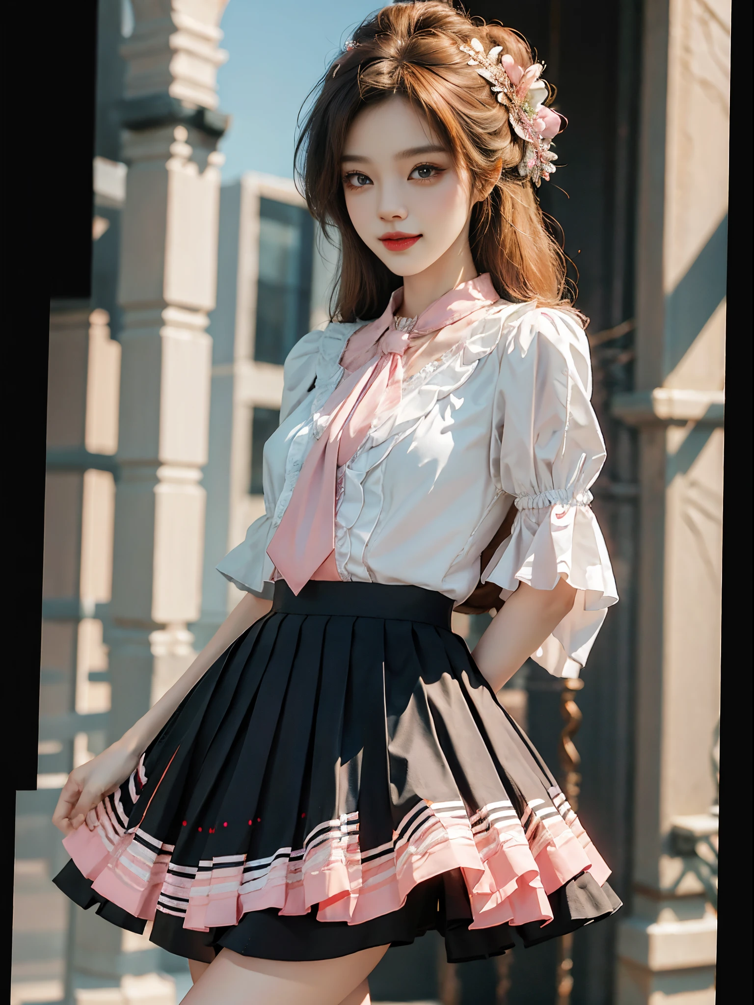 pleated skirt,pink skirt,pink sailor collar,fashi-girl, ((cowboy shot)), A beautyful girl, a young female model, Random pose, posing elegantly, visually appealing, tmasterpiece, (Best quality at best, 4K, 8K, A high resolution, tmasterpiece:1.2), a warm color palette, ultra - detailed, Ultra-fine painting, delicated face, long slim figure, slim, largeeyes, pretty eyes, Hefty Smile, Random shooting angle, Random scenes