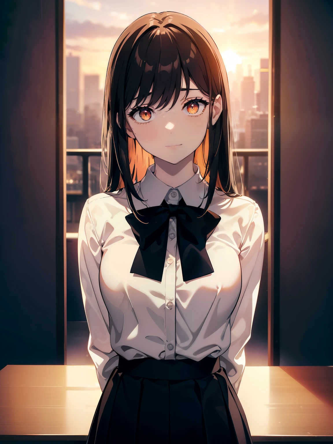 (Obra maestra, La mejor calidad, ultrahigh resolution), 1girl, school uniform, white office shirt, black pleated skirt, light brown hair, long hair cut, pale skin, (orange eyes), glowing_eyes, neon eyes, (ultra detailed eyes, beautiful and detailed face, detailed eyes), ((centered)), smile, ((wide shot)), facing viewer, eye level, (blurry background, sunset background), flat chested, looking at viewer, half closed eyes, (perfect hands), (head, arms, hips, elbows, in view), ((tall)), ((hands behind back))