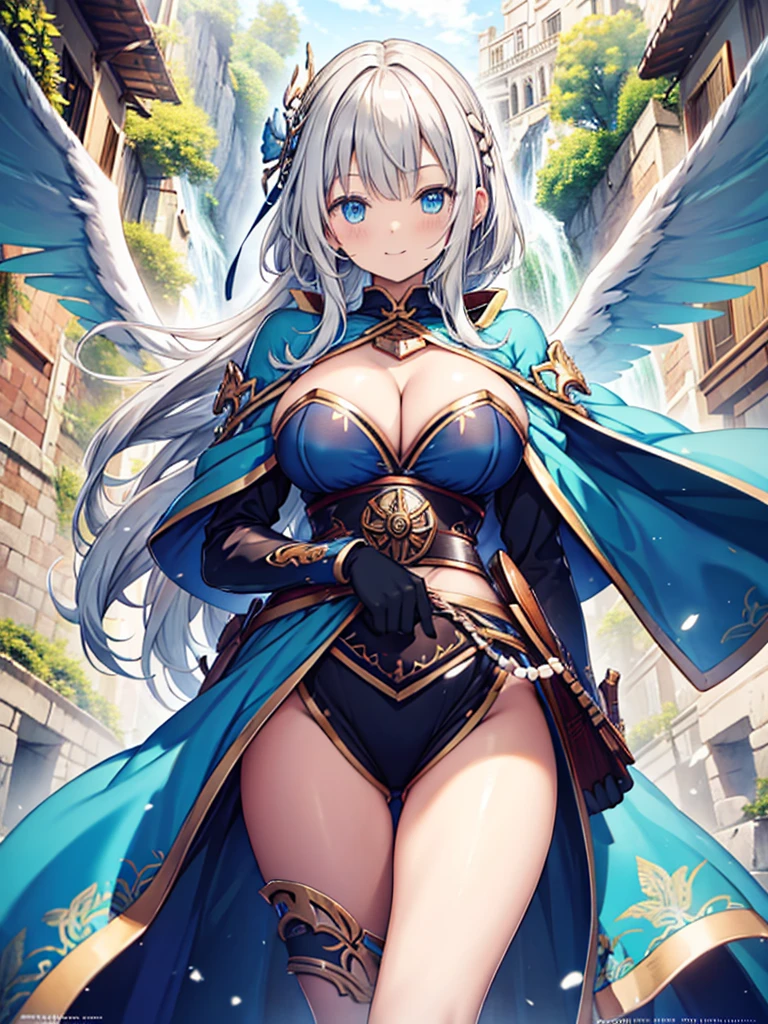 anime illustrated、Fantasia、plump female knight、Platinum blonde loose perm、blue cloak、leather grove、Stroll through the castle ruins in a valley with a large waterfall、Black and blue costume、Ethnic patterns、1 persons、Anime filling、Intricate embroidery、seminude、Close-up of people、Colossal tits、thighs thighs thighs thighs、Archaic Smile