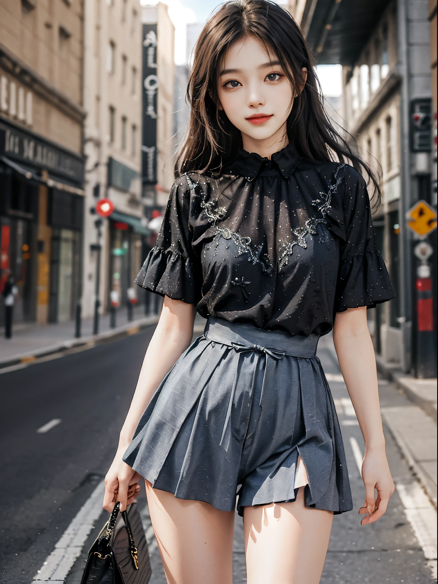 blue skirt,shirt,fashi-girl, ((cowboy shot)), A beautyful girl, a young female model, Random pose, posing elegantly, visually appealing, tmasterpiece, (Best quality at best, 4K, 8K, A high resolution, tmasterpiece:1.2), a warm color palette, ultra - detailed, Ultra-fine painting, delicated face, long slim figure, slim, largeeyes, pretty eyes, Hefty Smile, Random shooting angle, Random scenes