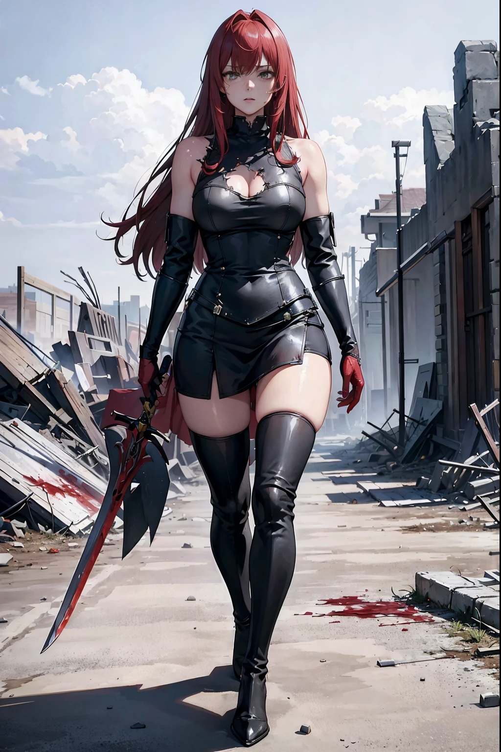 (best quality,4k,8k,highres,masterpiece:1.2), ultra-detailed, realistic:1.37 woman knight wearing thigh-high boots, with flowing red hair, in 2D anime style. She wields a slender single-handed sword, dressed in a battle skirt. Her clothing torn, revealing battle scars and bloodstains. She has a well-endowed figure and a determined expression. The scene set in a war-torn landscape, with ruins and debris in the background. The color palette vibrant yet dark, enhancing the atmosphere of intensity. The lighting casts dramatic shadows, emphasizing the knight's heroic presence.