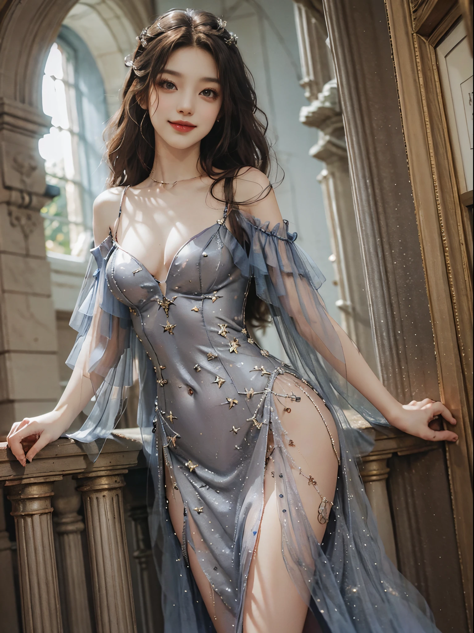 long dress,bare shoulders,fashi-girl, ((cowboy shot)), A beautyful girl, a young female model, Random pose, posing elegantly, visually appealing, tmasterpiece, (Best quality at best, 4K, 8K, A high resolution, tmasterpiece:1.2), a warm color palette, ultra - detailed, Ultra-fine painting, delicated face, long slim figure, slim, largeeyes, pretty eyes, Hefty Smile, Random shooting angle, Random scenes