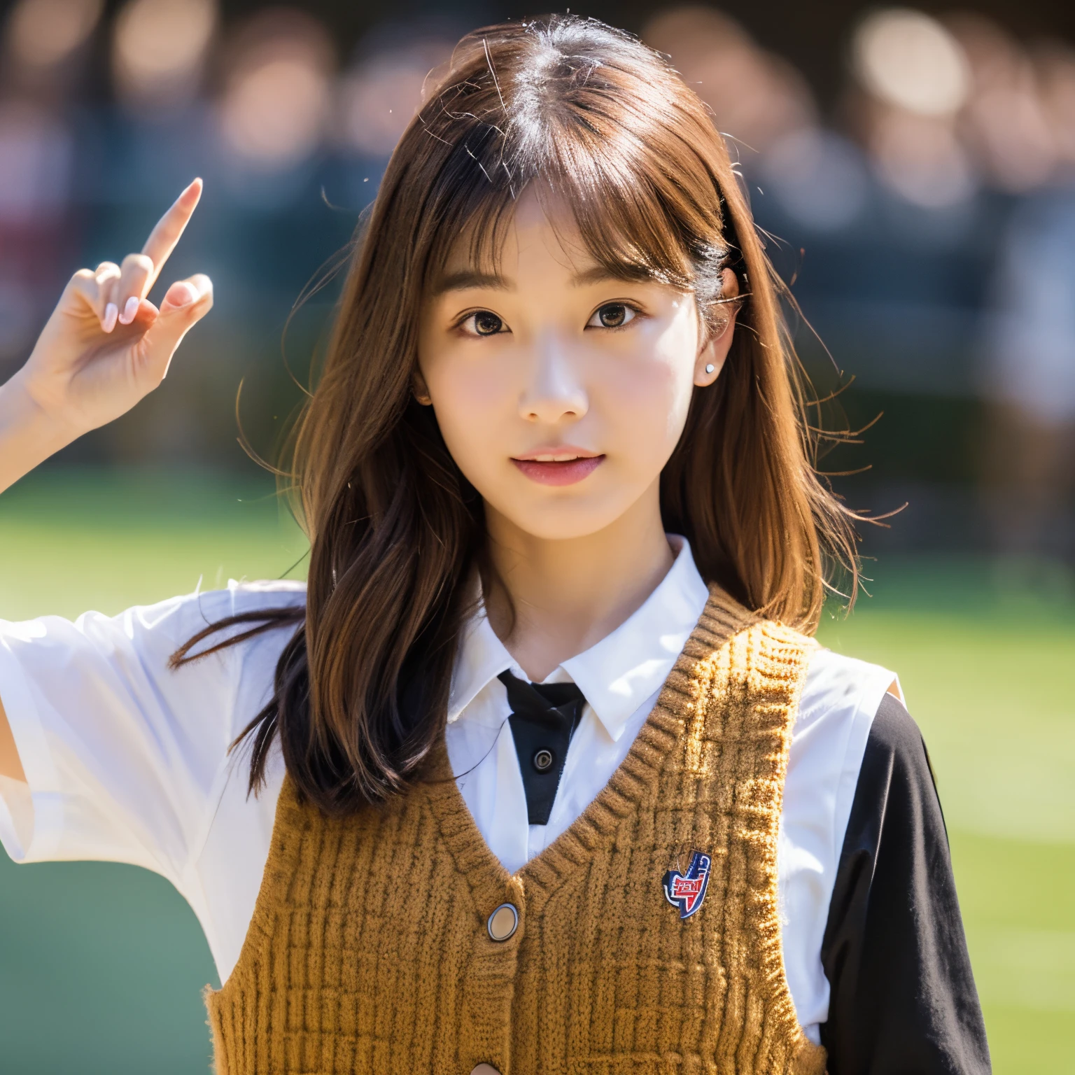 Pixar-style, looking to the left, a girl with medium-length chestnut hair wearing black clothes with a piece on the side of her head and a beige down vest on top, and on the right a girl with short hair with up bangs and a white sweatshirt. A boy who made peace in front of