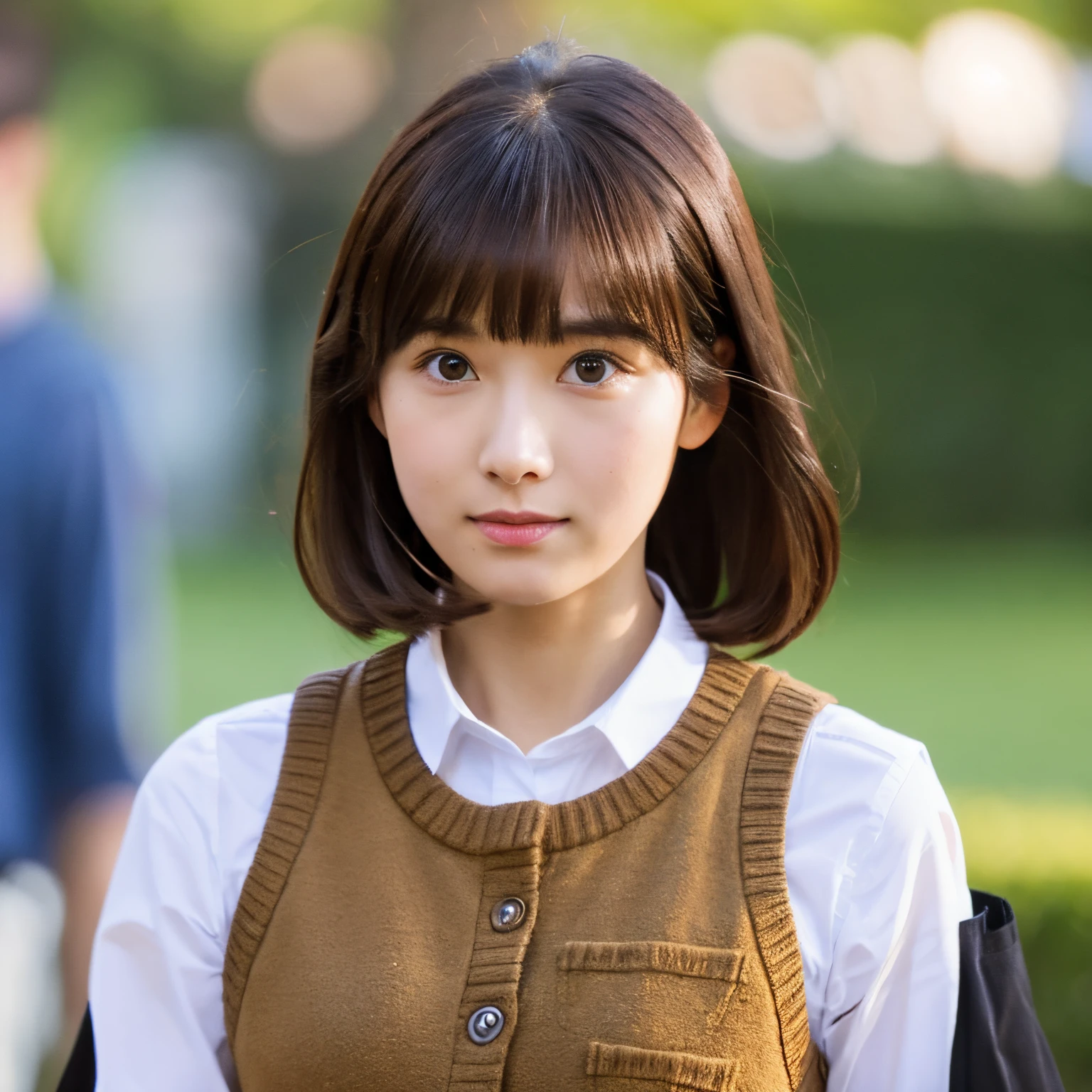 Pixar-style, looking to the left, a girl with medium-length chestnut hair wearing black clothes with a piece on the side of her head and a beige down vest on top, and on the right a girl with short hair with up bangs and a white sweatshirt. A boy who made peace in front of