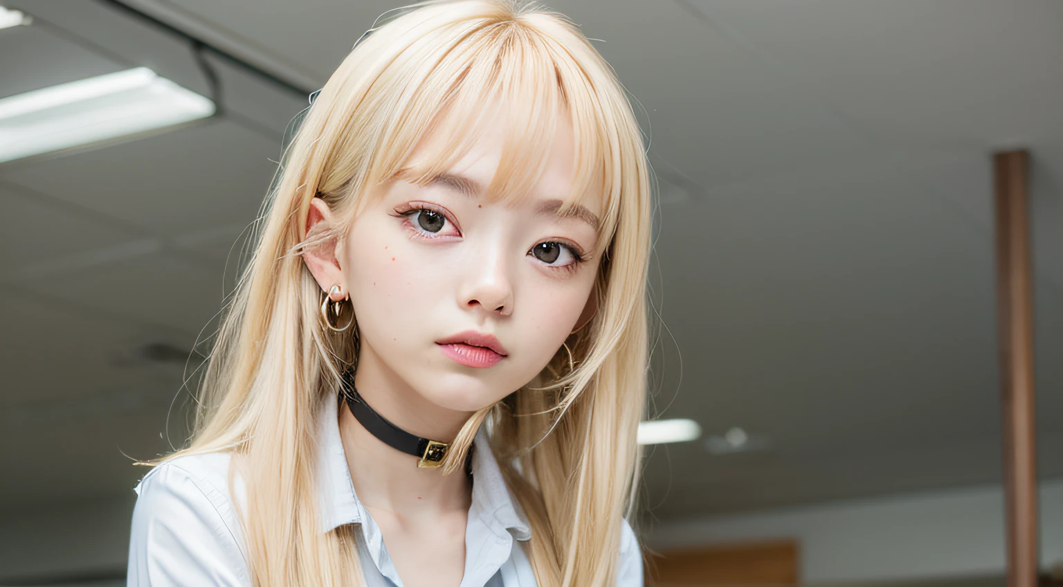 1girl, blonde hair, red eyes, choker. school uniform, ear piercings