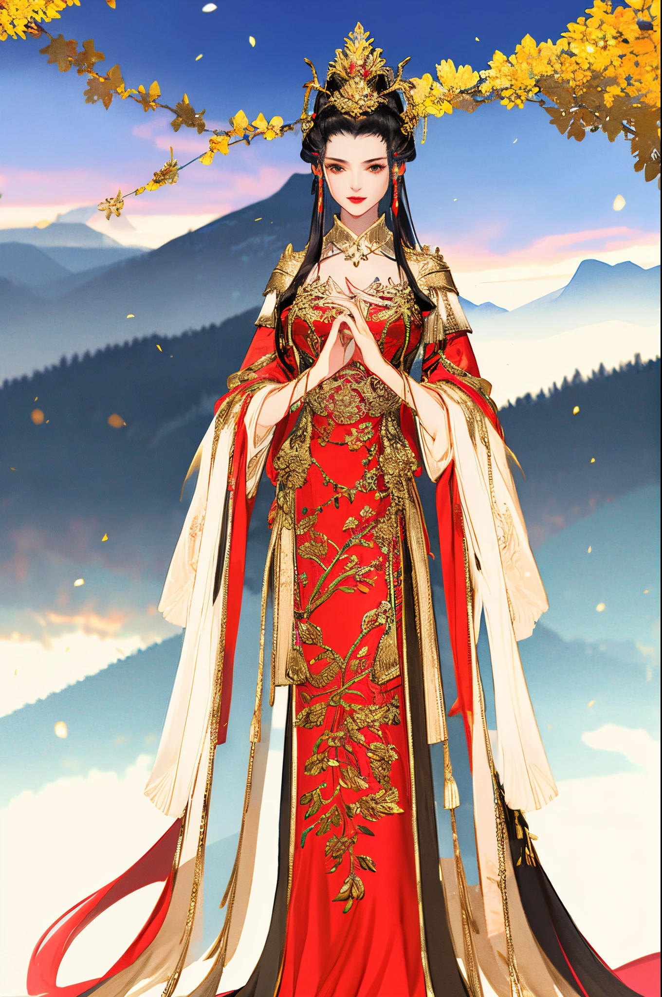 Golden Crown Black Hair Red Dress，Sexy figure，full bust，mountain standing painting，Standing picture，Full body lesbian！！Facing the camera，Shy posture，ultraclear，Ultra-detailed image quality