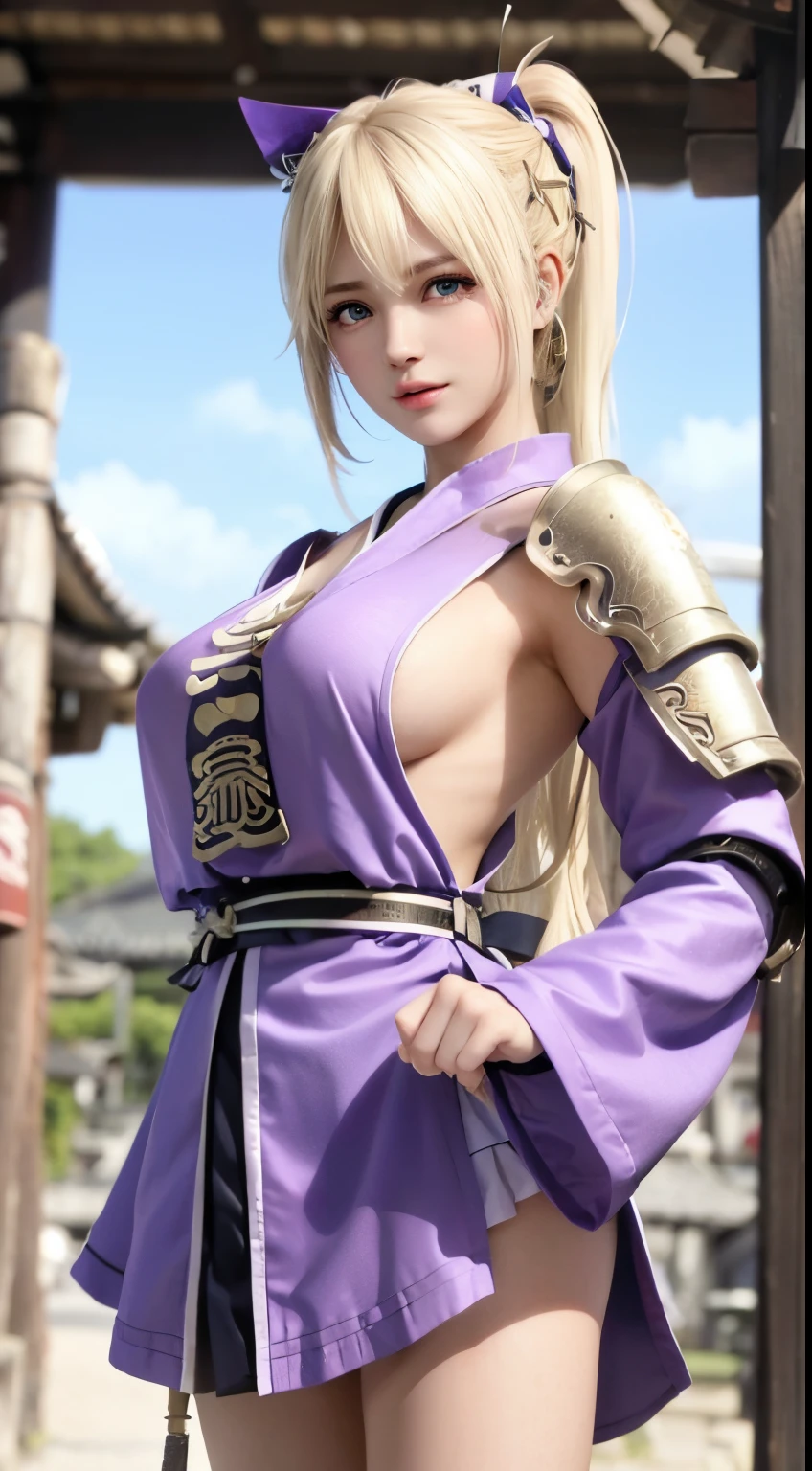 Marie Rose、blondehair、((12year old)), hair((blondehair, long, Wavy)), Eyes((Smart Eyes, noisette)), Clothes((warior clothes, Samurai Armored, Light purple)), Ponytail, shock, Colossal tits, huge-breasted, oppai, temple, shrines,