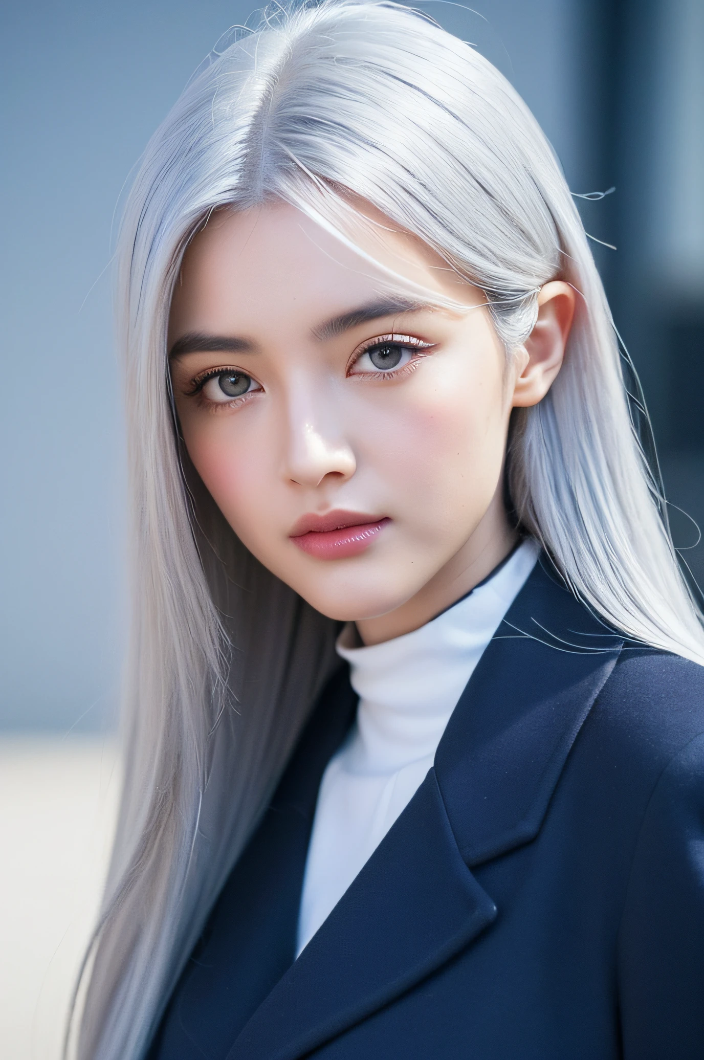 (extra detailed body、extra detailed face、big breasted, office overcoat, best qualtiy:1.2)、femele、looking at the viewerode Fashion Show、White hair、blue eyeslue moon in the background:1.4)