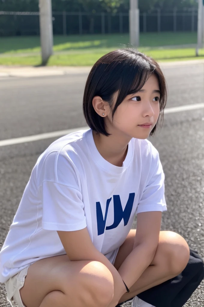 s girl Short Bob A dark-haired Crying face tears Physical education sitting white t-shirts Sateen