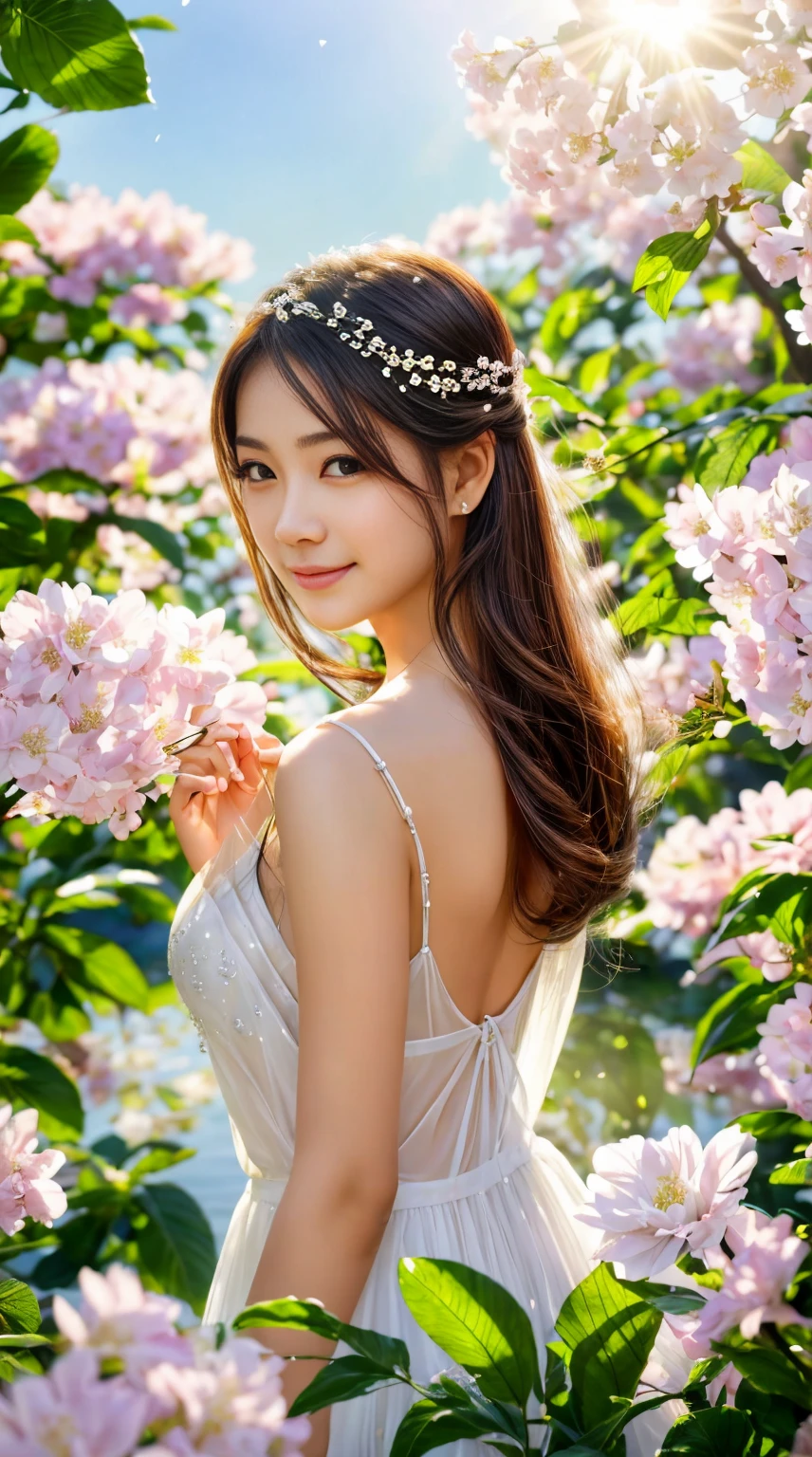 (bestquality,10,high-res,ultra-detail,Realistic:1.37),vibrant colours,sunlight,llight rays,Kaffir lime,white flowers,beautiful girl,Excellent features,flowing hair,serene expression,garden setting,Dressing neatly,Soft Sunlight,Gentle breeze,cheerful atmosphere,backlit scene,hint of smile,Shine ethereal,Fresh in the morning,long shadow,Harmony of nature,delicate reflection,natural beauty,twinkling dew,Clear details,peace and calm,Noble ingredients,Arrived at the branch,whispering leaves,aromatherapy petals,With a shining light.,Glittering highlights,Subtle shadows,soft focus,Sublime beauty,whisper naturally,Amazing atmosphere.,Glow background.